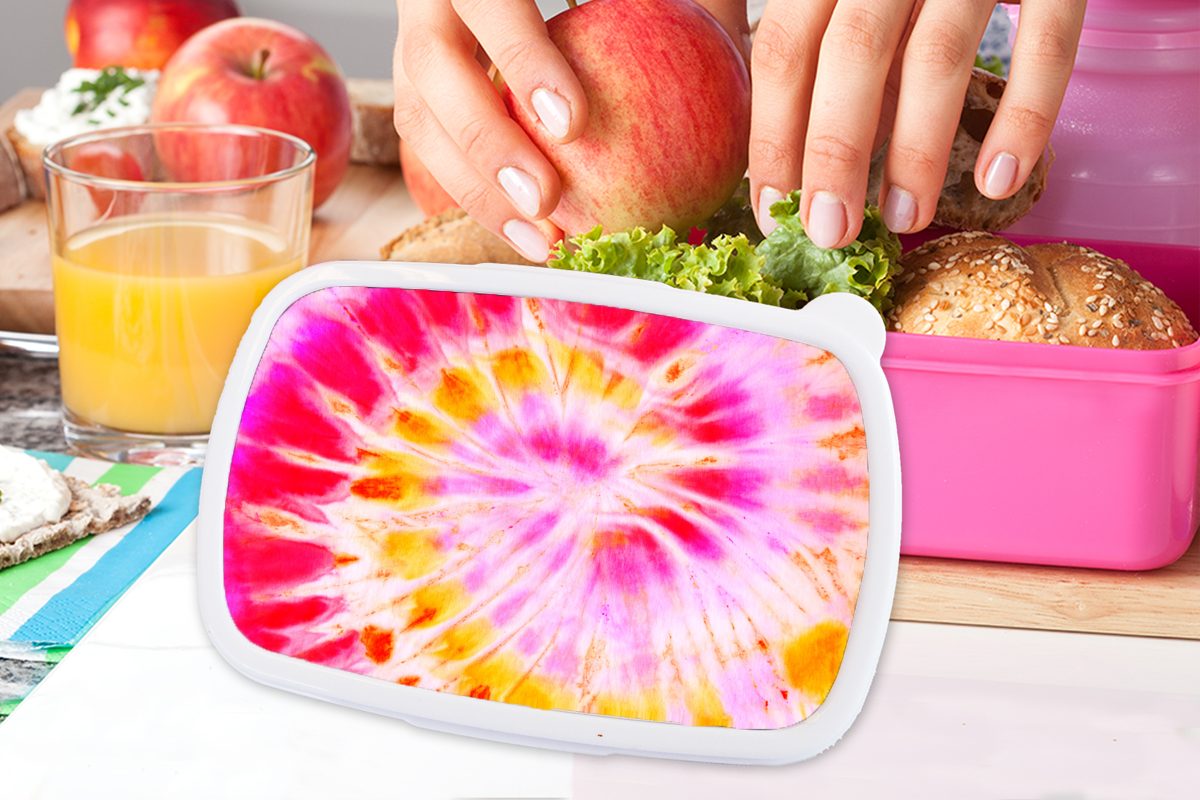 MuchoWow Lunchbox (2-tlg), Brotbox Erwachsene, - Mädchen, Krawattenfärbung Sommer für Brotdose rosa - Kunststoff, Snackbox, Kinder, Kunststoff Farben