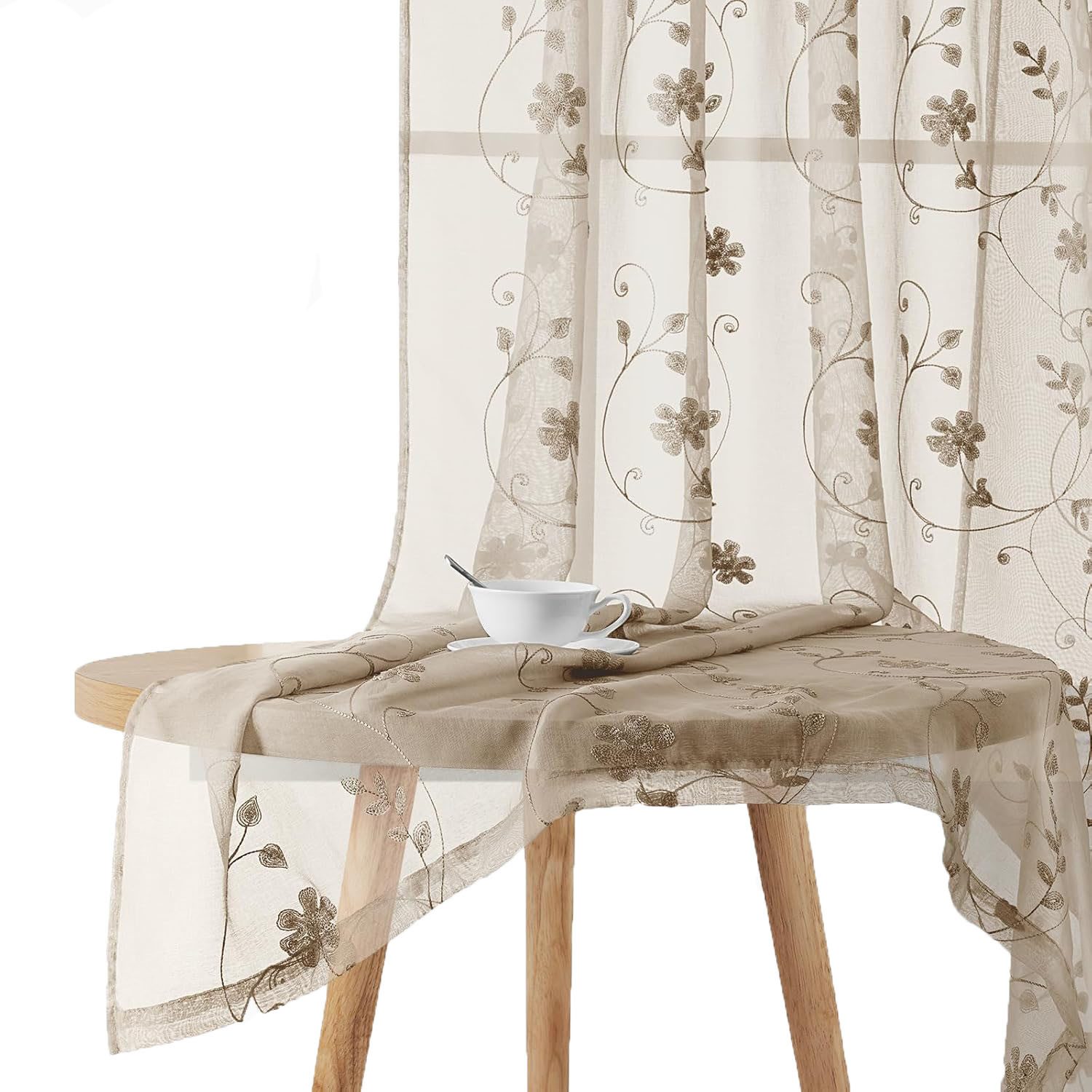 Agger Vorhang Leinen Voile Vorhänge, halbtransparente Blumenvorhänge, Blätter-Stickerei Vorhänge, geeignet für Schlafzimmer und Wohnzimmer