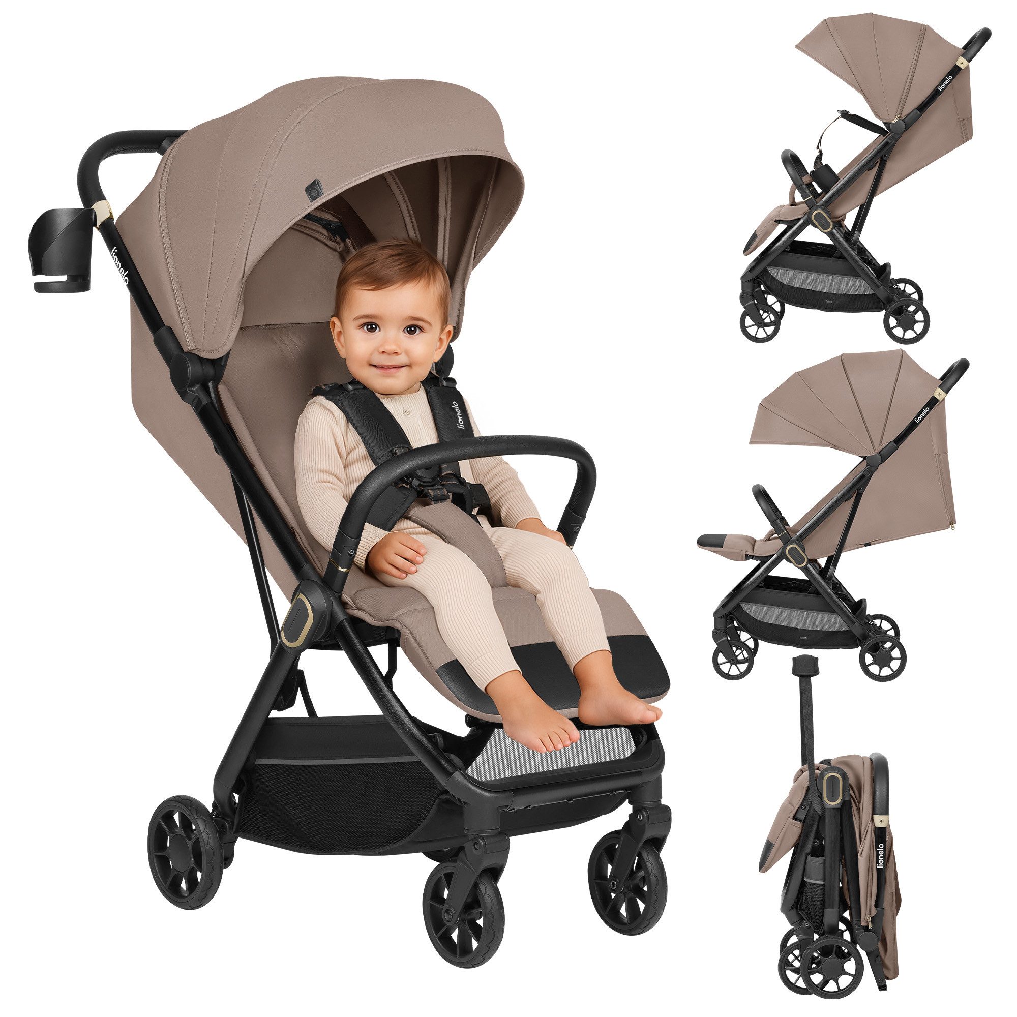 lionelo Kinder-Buggy BESS, (Kinderwagen + Becherhalter + Tragegurt), Auto-Folding/leicht/Liegeposition/PU-Räder/Federung/Halter