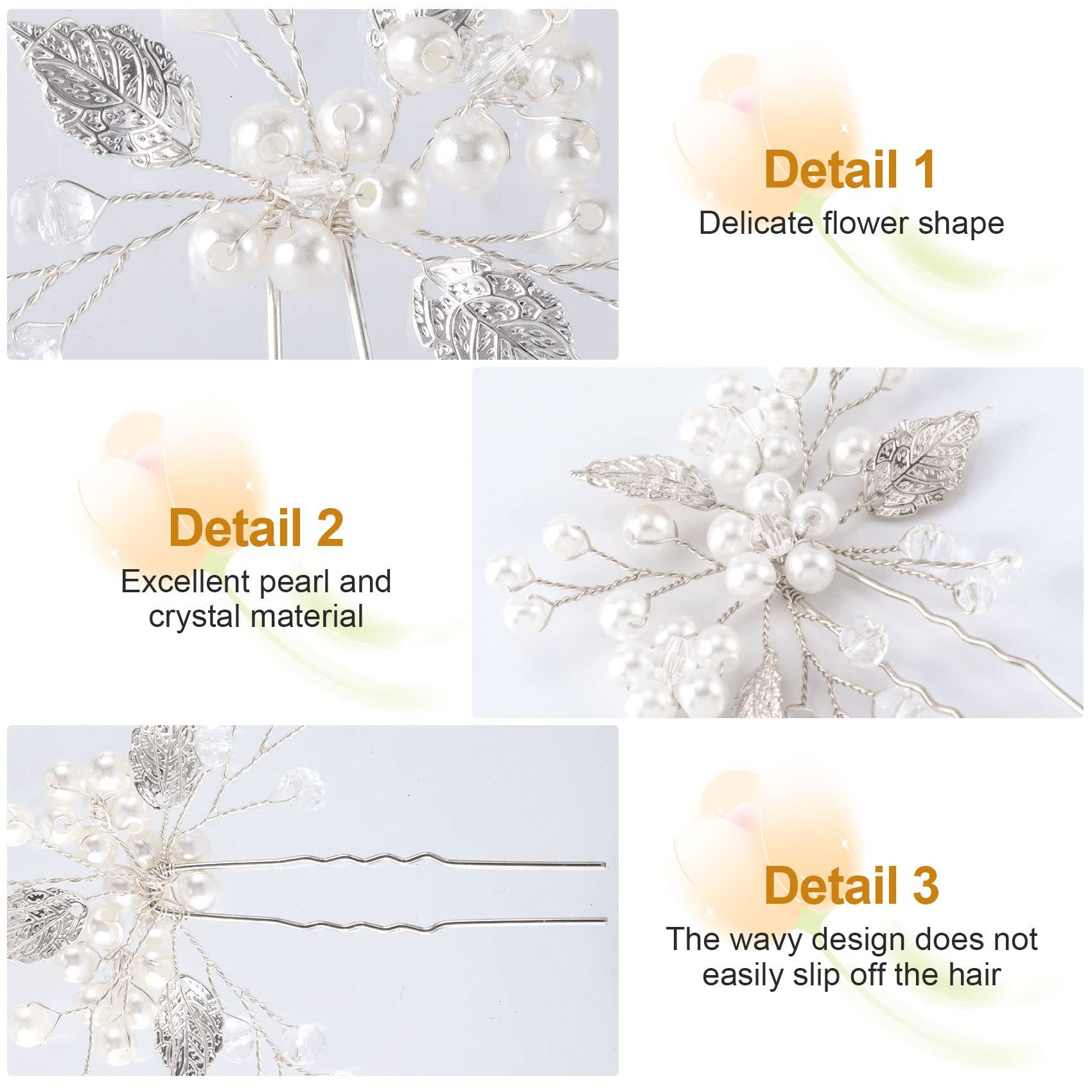 MOPUEA Haarspange Perlenbraut Hochzeit Haarnadeln,Blatt Kopfstück Blume,3 Stück,Silber