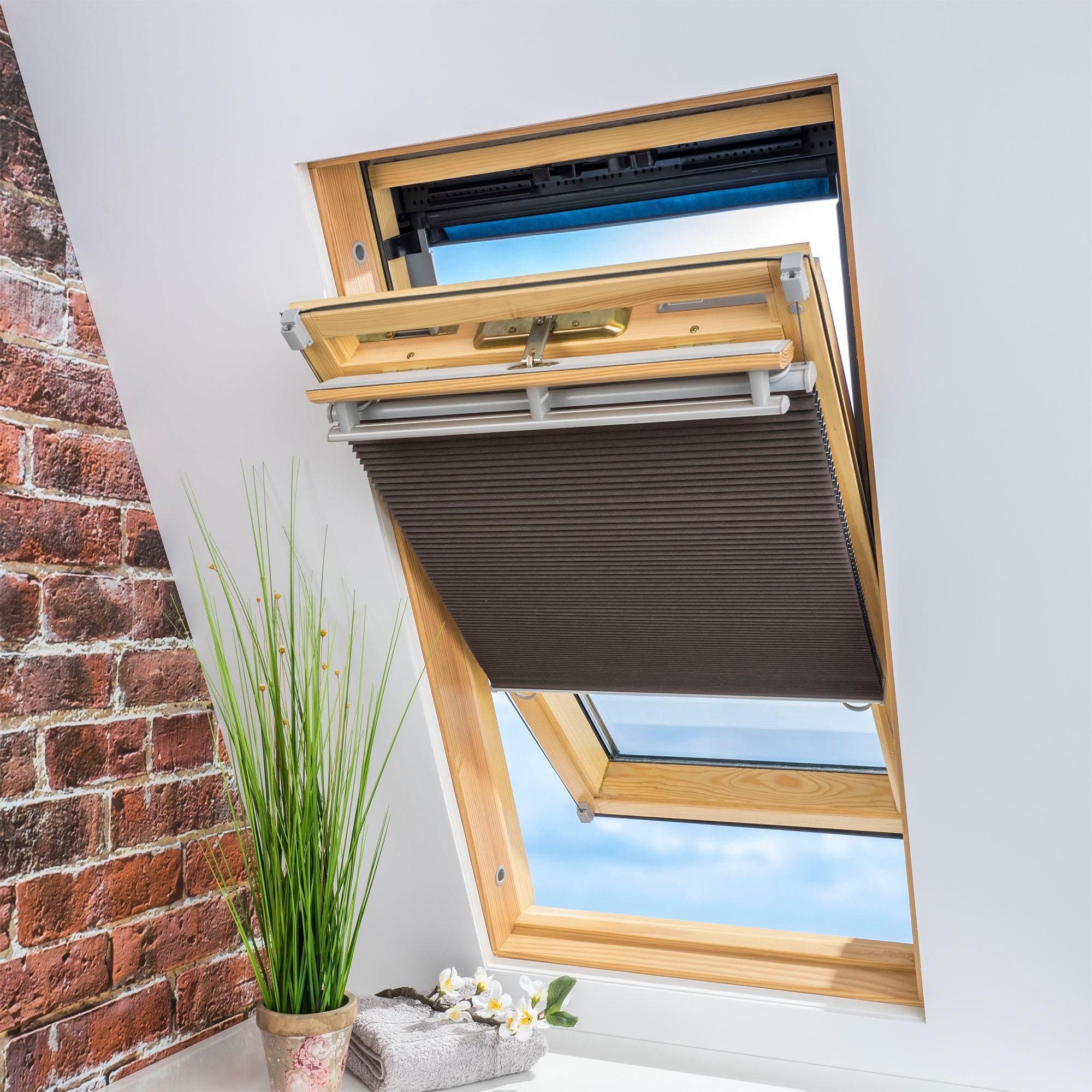Dachfensterplissee Universal Dachfenster-Plissee, Liedeco, verdunkelnd, ohne verspannt, Fixmaß Klemmfix, braun Bohren