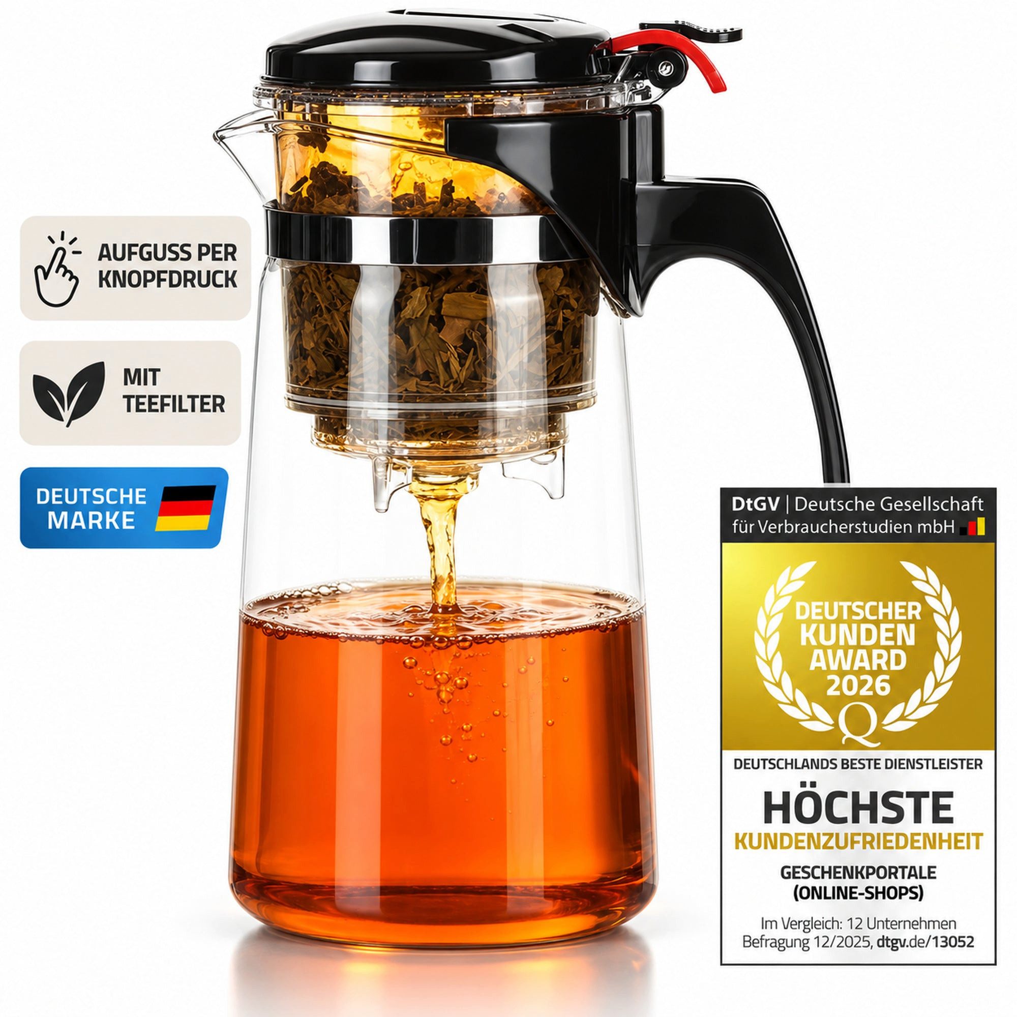 Dimono Teeglas DIMONO Teeglas Teekanne 600 ml – Teekocher mit Filter & Knopf, Tea-Maker 600 ml