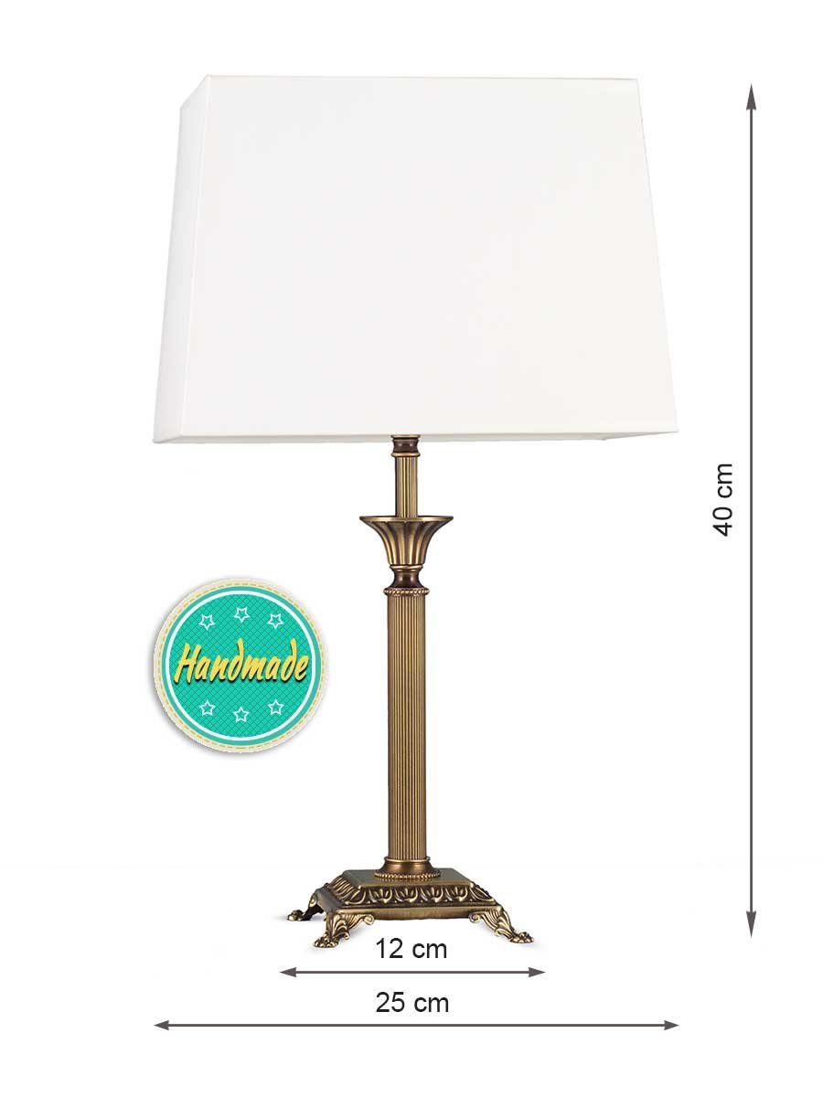 Helios Leuchten Tischleuchte Tischlampe Messing antik Stoffschirm rechteckig weiß, Schreibtischlampe Nachttischlampe, Handarbeit, echtes Messing