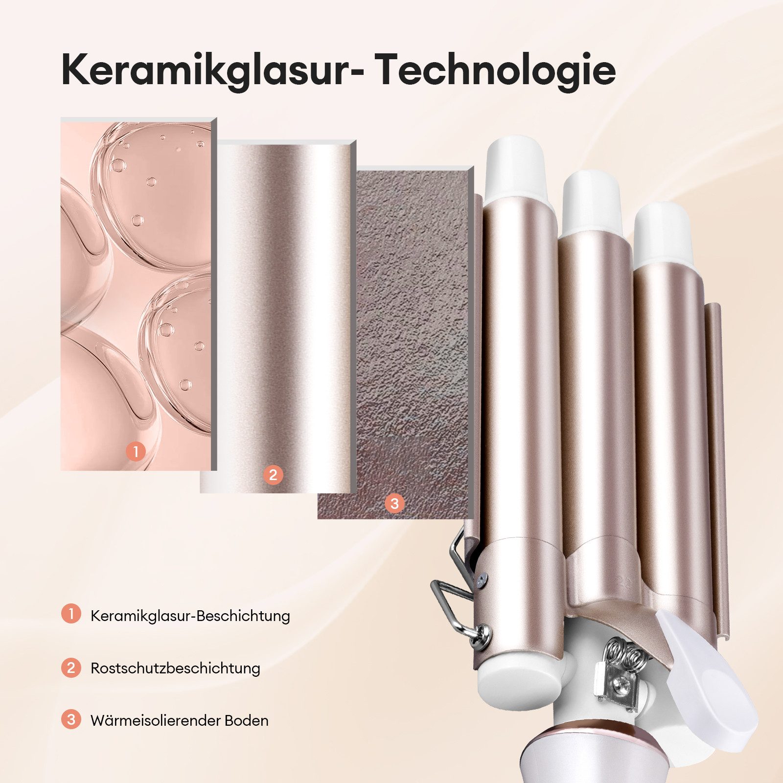 CkeyiN Lockendreher 3 Fässer 22mm Wasserwellen-Lockenstab, 80-230℃ Welleneisen, Turmalin-Keramik-Beschichtung, PTC Heiztechnologie, mit LED-Anzeige Verbrühschutzhalterung