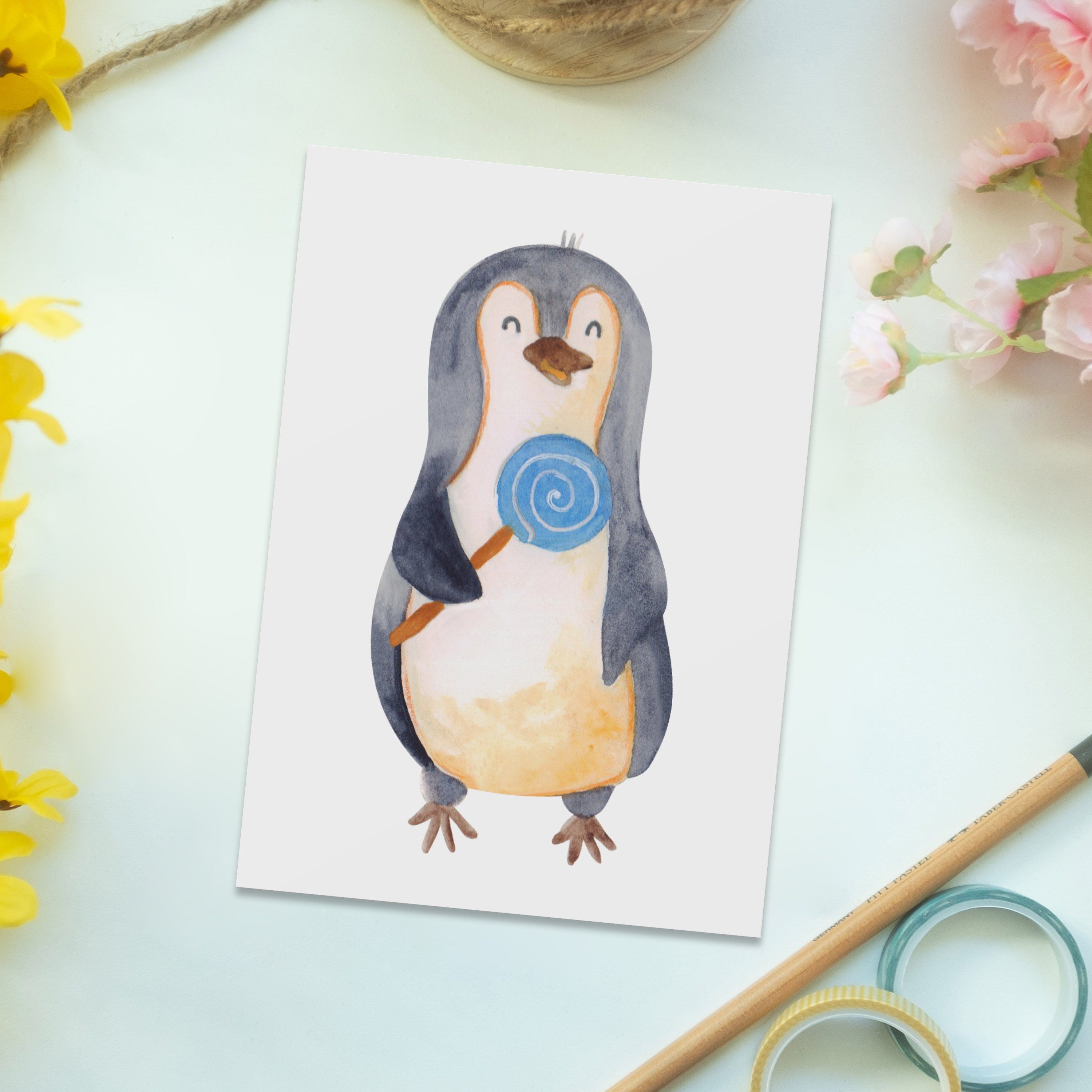 Postkarte Pinguin Weiß - Geburtstagskarte, & Mr. Lolli Süßigkeiten Mrs. Geschenk, Karte, Panda -