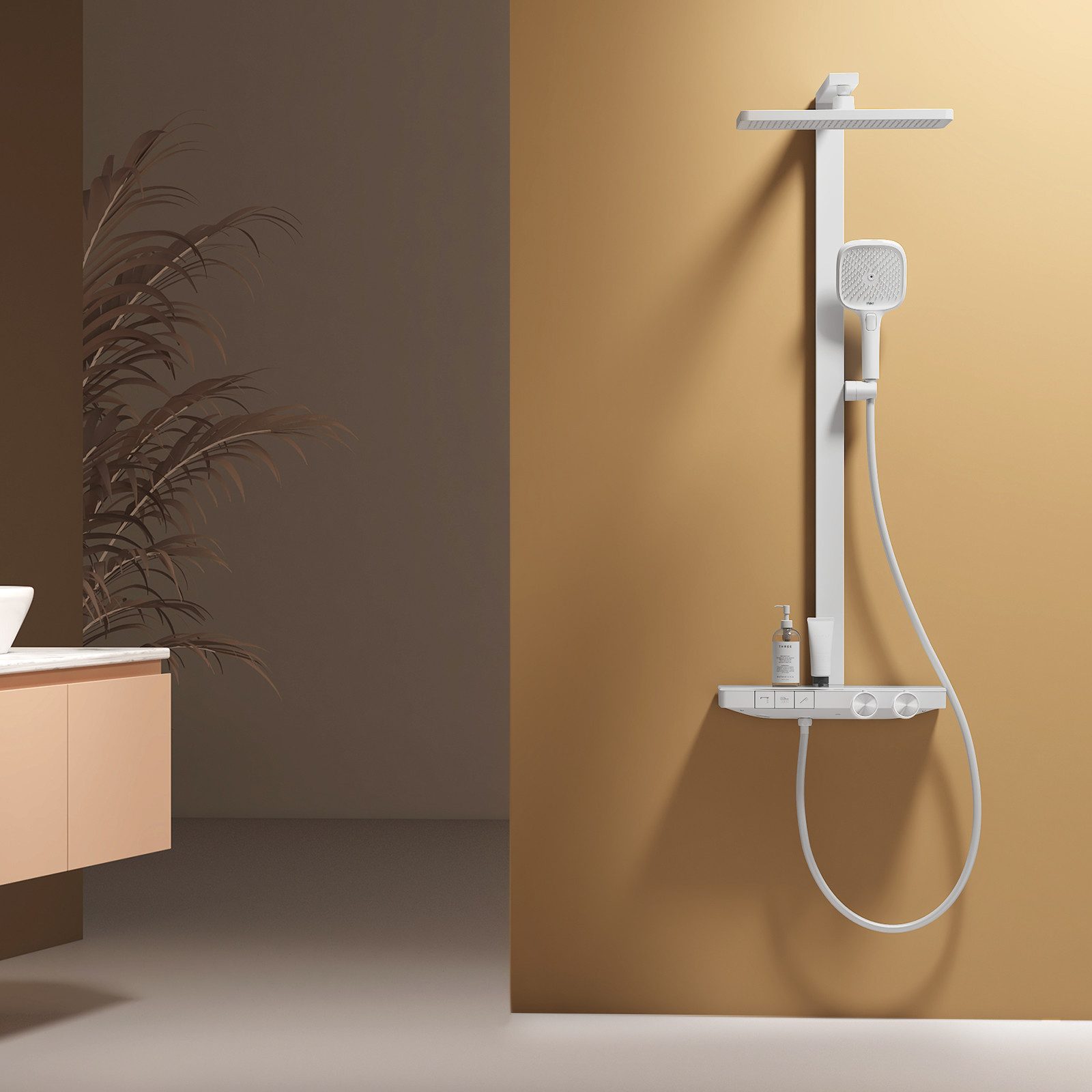 EMKE Duschsystem mit Thermostat Regendusche und Handbrause Messing Duschsäule, Thermostat Duschsystem mit Handbrause, 4 Funktionen Messing