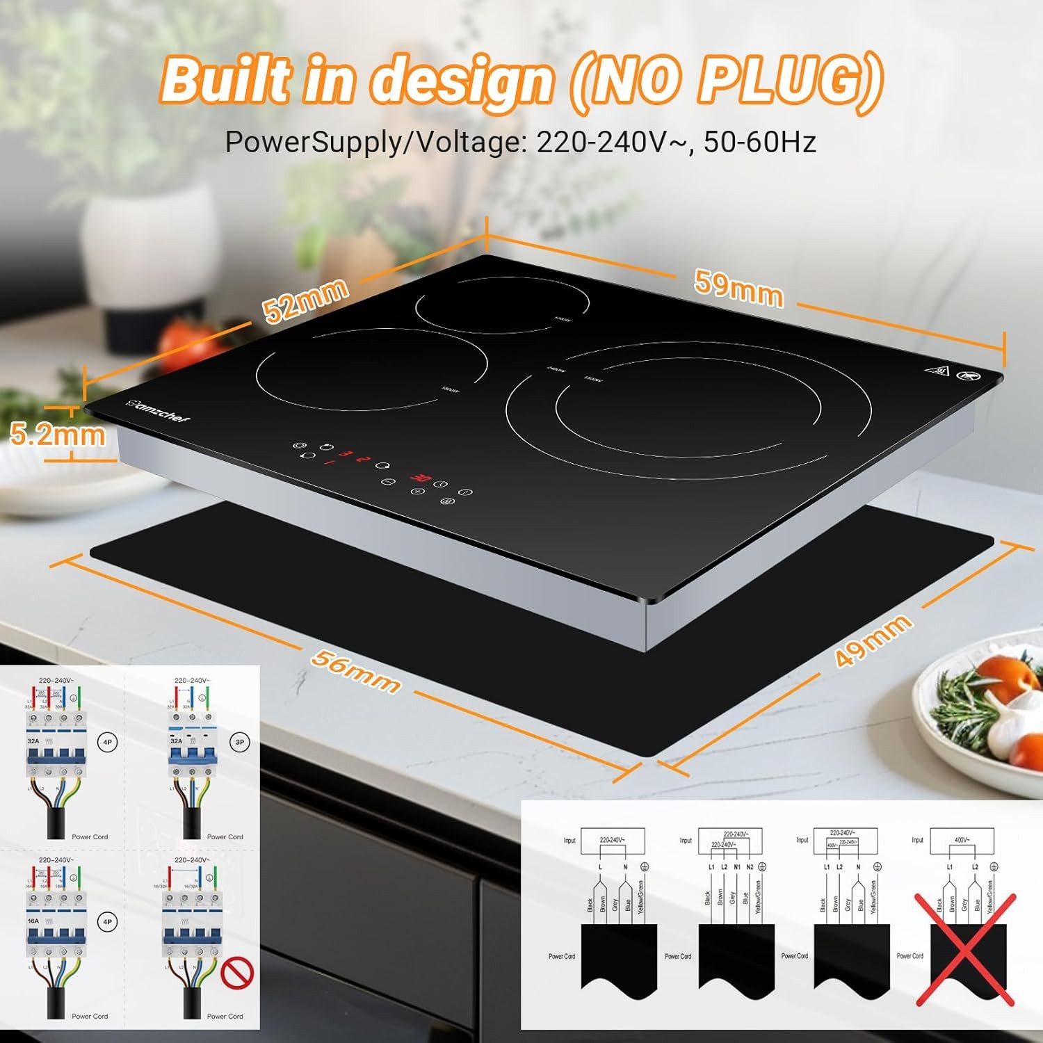 AMZCHEF Elektro-Kochfeld Glaskeramikkochfeld autark 3 Kochzonen 5400W, 9 Leistungsstufen CE-HT5419B3E-2, 99-Minuten-Timer, Kindersicherung, Restwärme- und Überh – Bild 5 von 5