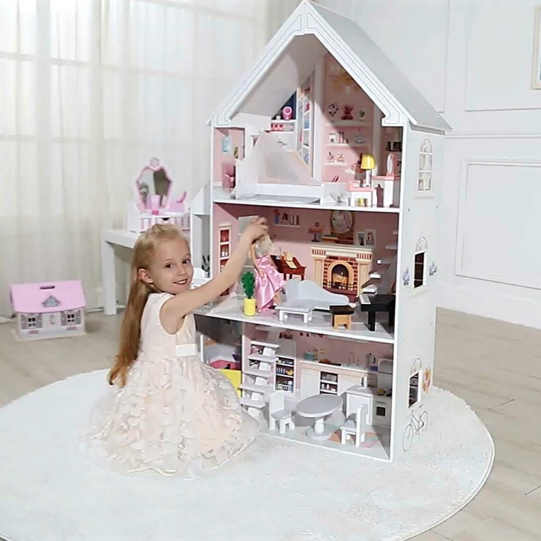 TikTakToo Puppenhaus Puppenstube Traum Villa Set aus Holz, (komplett eingerichtet, mit Balkon Terrasse, 16-tlg., mit 15-teiliges Möbel- und Zubehör-Set), aus MDF-Holz, für Puppen bis 29 cm geeignet