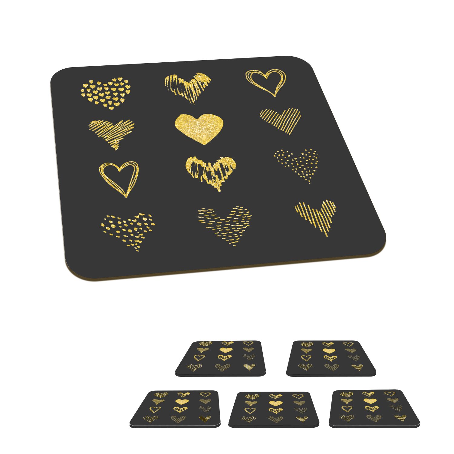 MuchoWow Glasuntersetzer Gold gezeichnete Herzen auf schwarzem Papier, Zubehör für Gläser, 6-tlg., Glasuntersetzer, Tischuntersetzer, Korkuntersetzer, Untersetzer, Tasse
