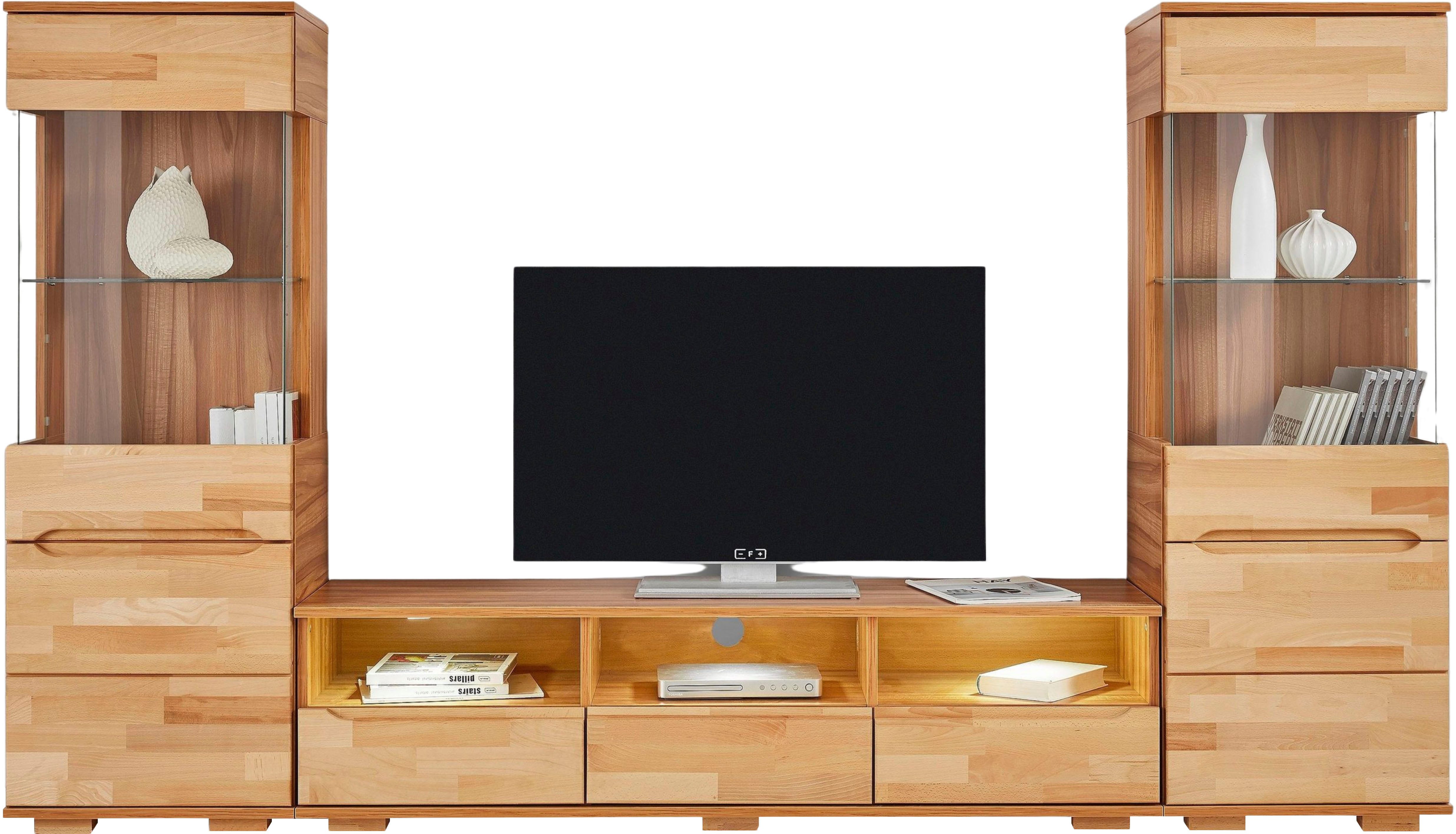 OTTO home Wohnwand Vetro,Fronten Massivholz,Korpus Holzwekstoff,Griffmulden, (Set, 3-St), Böden teilweise versetzbar, bei TV Teil Kabeldurchführung
