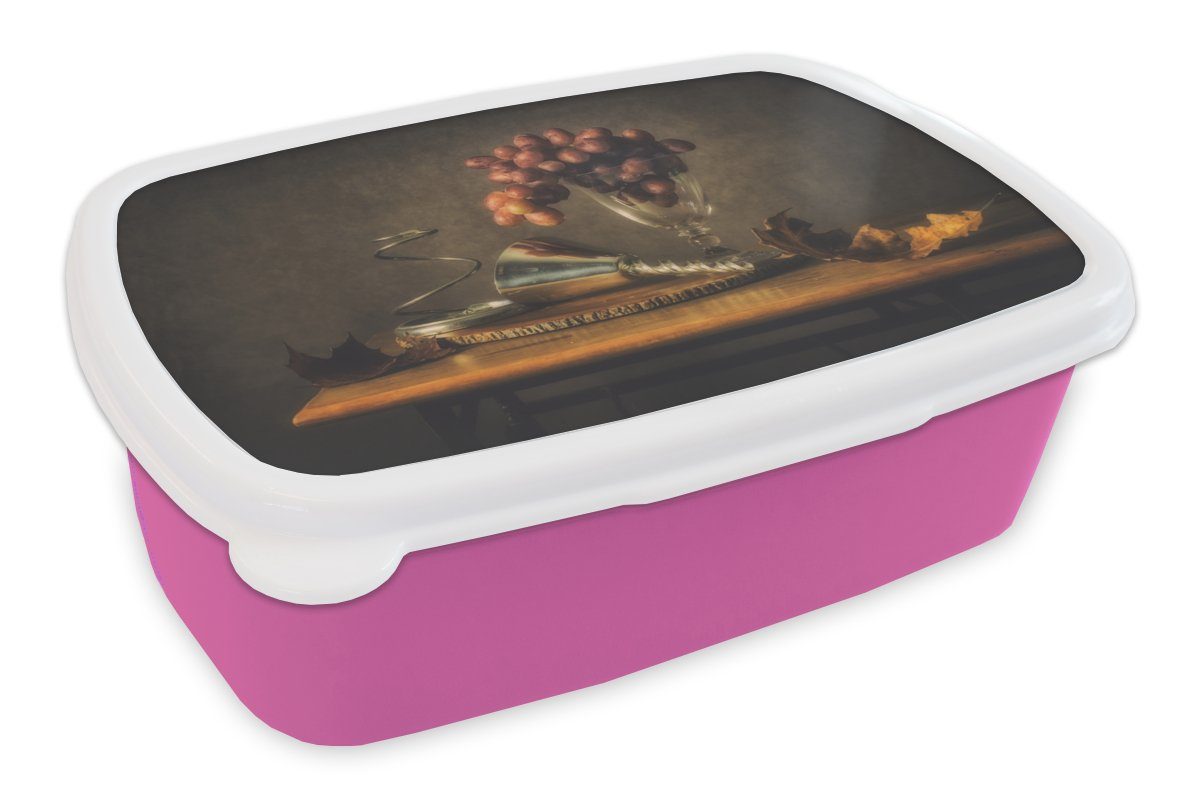 MuchoWow Lunchbox Malerei - Stilleben - Glas - Weintrauben - Kunst, Kunststoff, (2-tlg), Brotbox für Erwachsene, Brotdose Kinder, Snackbox, Mädchen, Kunststoff rosa