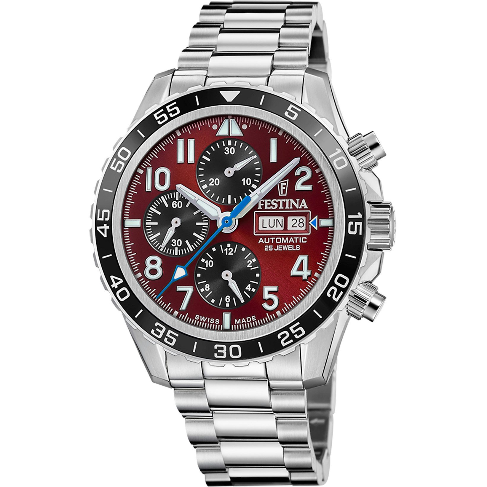 Automatikuhr Automatik Chronograph F20055-5 Swiss Made 45,8 mm Burgunder Edelstahl