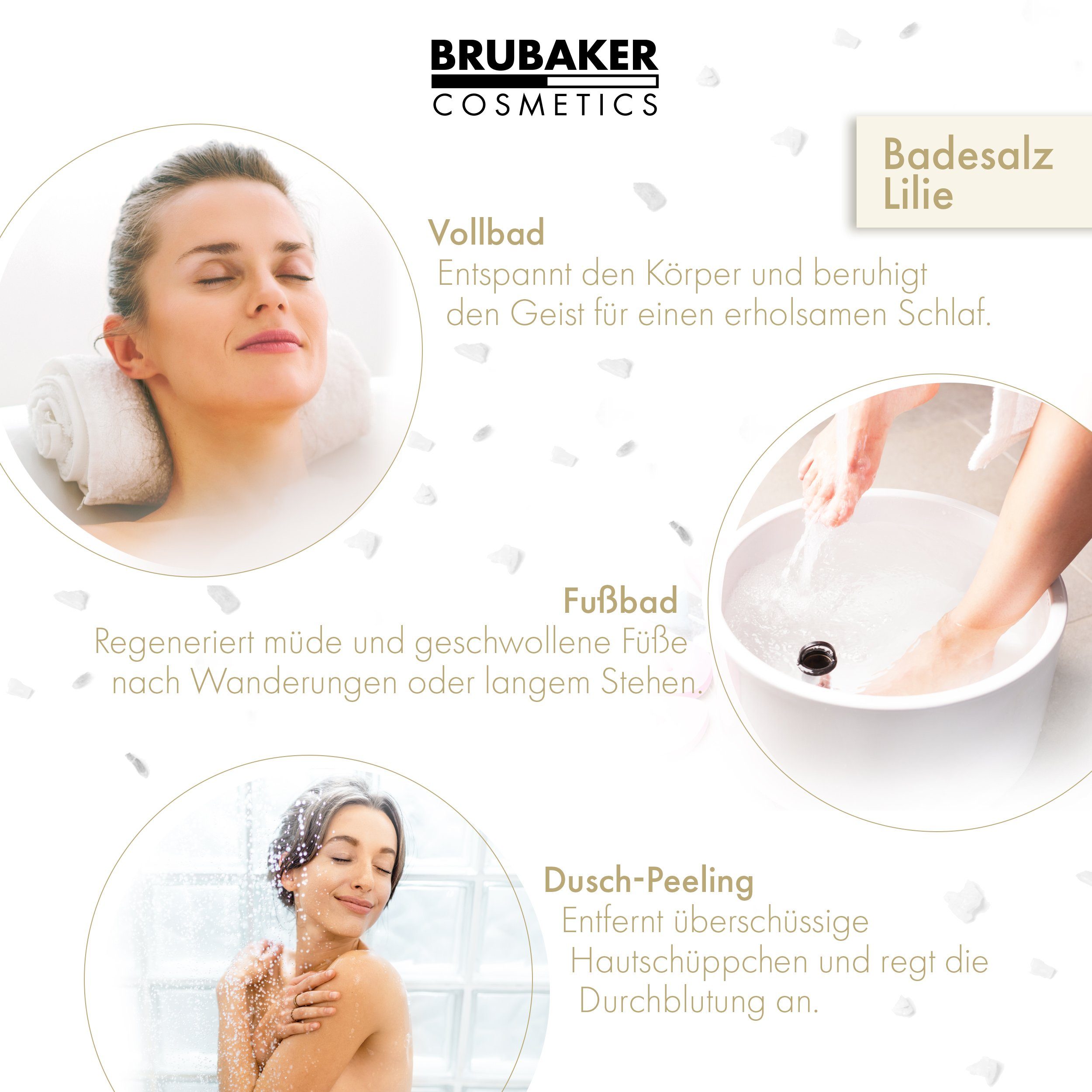 BRUBAKER Badesalz Lilien Duft - Badezusatz mit natürlichen Extrakten, 3-tlg., Wellness Baden für Entspannung, Erholung und Körperpflege
