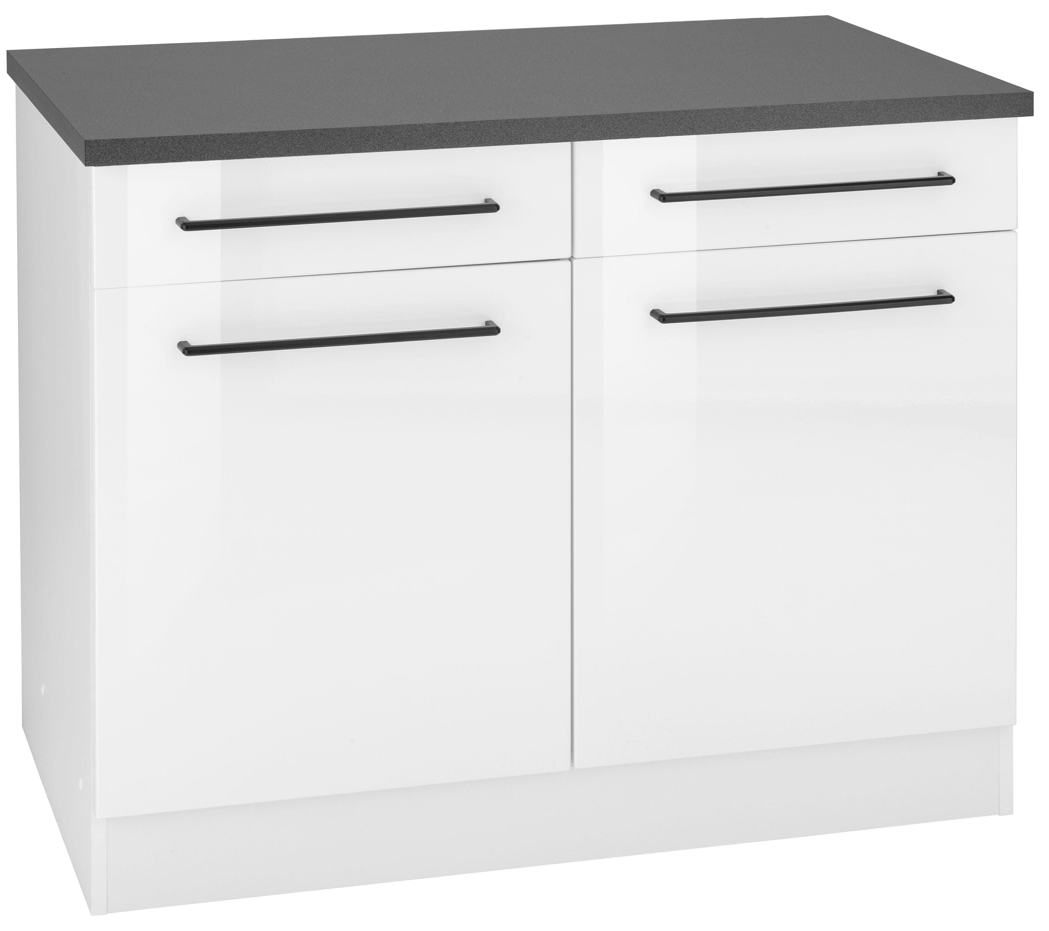 KOCHSTATION Unterschrank KS-Tulsa 100 cm breit, 2 Schubkästen, 2 Türen, schwarzer Metallgriff, MDF Front