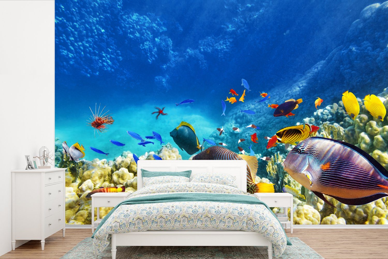 MuchoWow Fototapete Meer - Fische - Korallen - Unterwasserwelt, Matt, bedruckt, (6 St), Wallpaper für Wohnzimmer, Schlafzimmer, Kinderzimmer, Vinyl Tapete