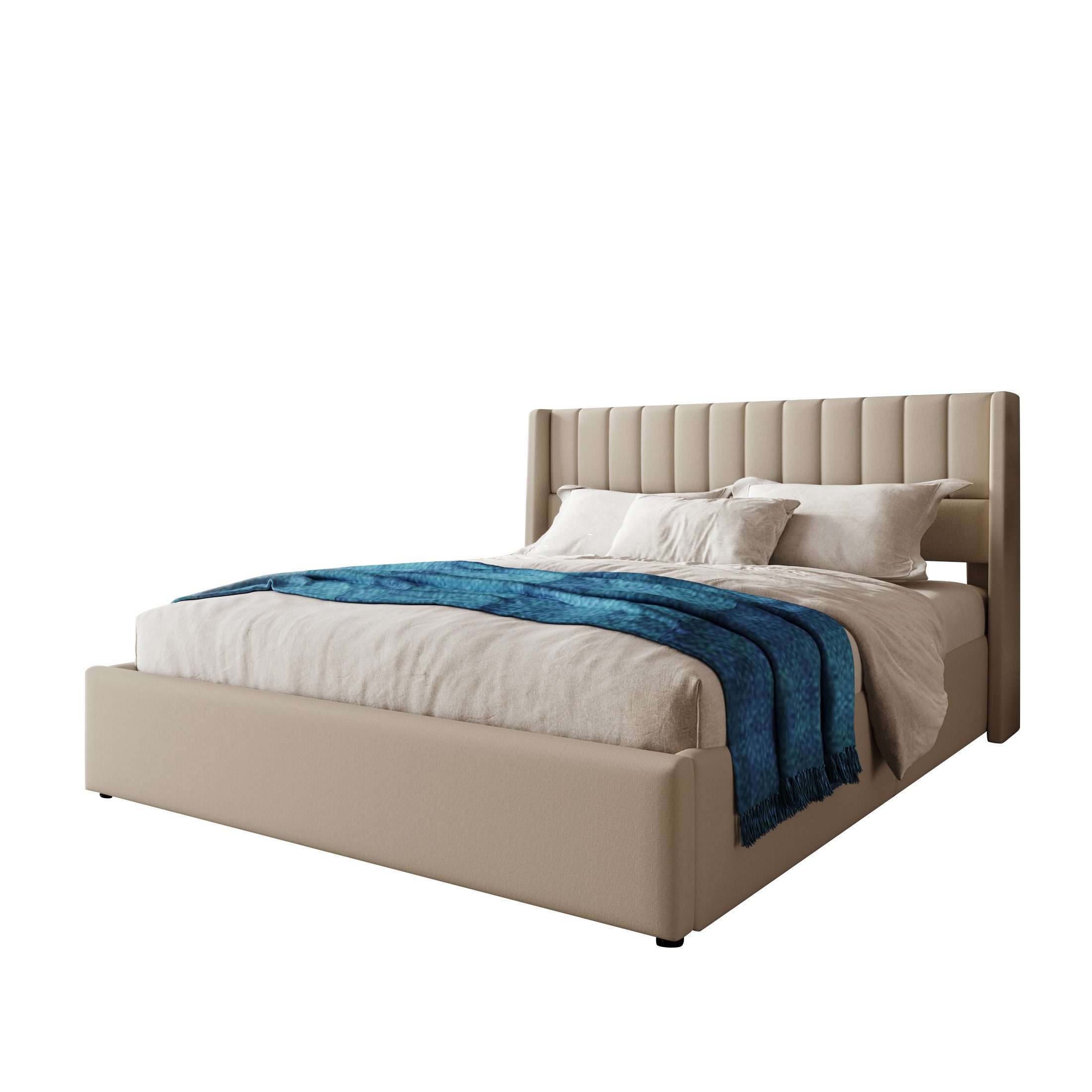 OKWISH Polsterbett Stauraumbett Doppelbett (180x200cm Beige Leinen ohne Matratze), Bett mit Lattenrost aus Metallrahmen, Lattenrost aus Holz
