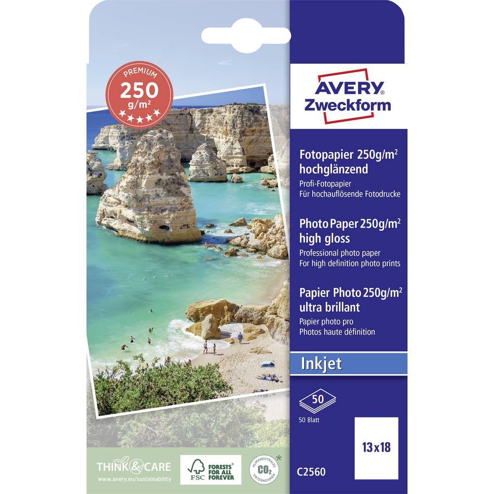 Avery Zweckform Fotopapier Avery Zweckform Art. Inkjet Fotopapier (50 Blatt, 250 g/m² C2560, Hochglänzend