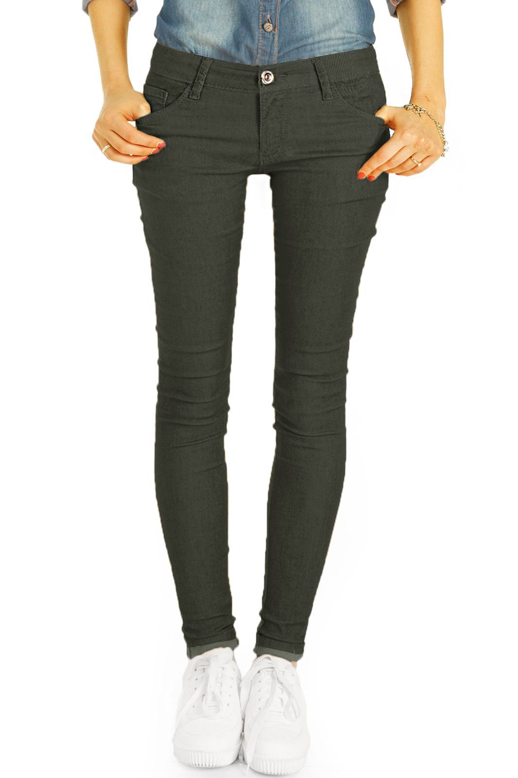 be styled Skinny-fit-Jeans Super Skinny Strecht Hüftjeans Hose - niedrige Bundhöhe - j18i-2 mit Stretch-Anteil, 5-Pocket-Style, low waist, hüftig, niedrige Leibhöhe, Skinny Passform dunkelgrün
