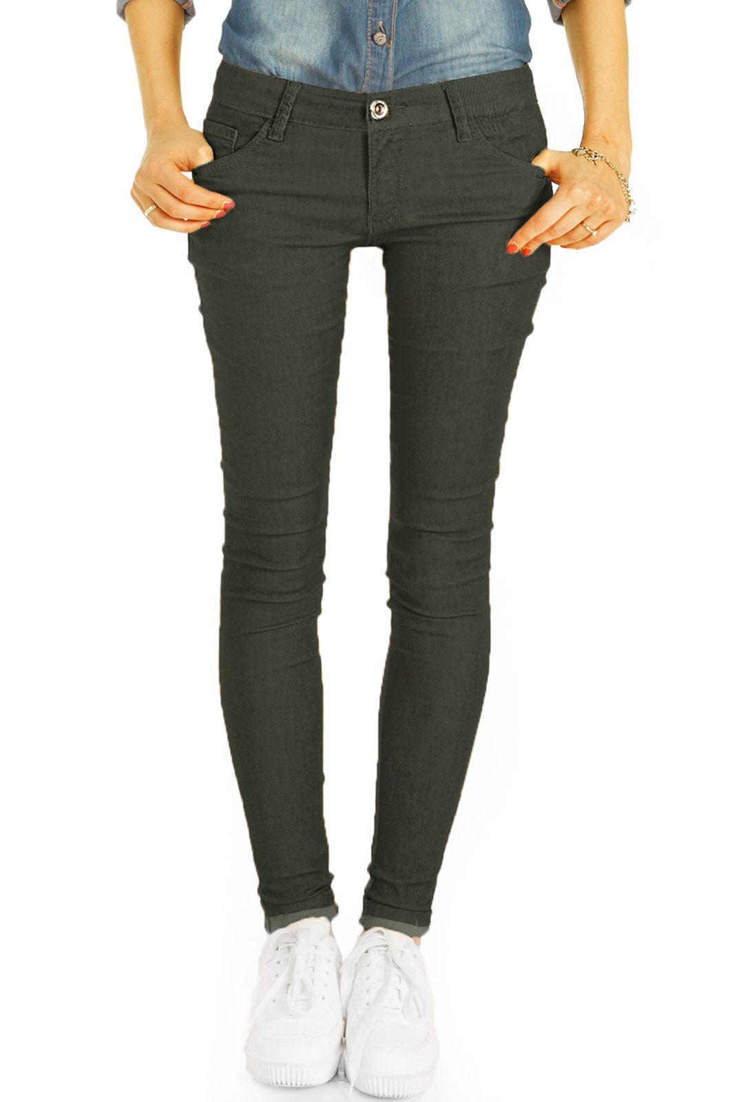 mit Super 5-Pocket-Style, Skinny Bundhöhe Passform Stretch-Anteil, Hüftjeans dunkelgrün Strecht j18i-2 hüftig, styled low Skinny Skinny-fit-Jeans be - waist, - niedrige Hose Leibhöhe, niedrige