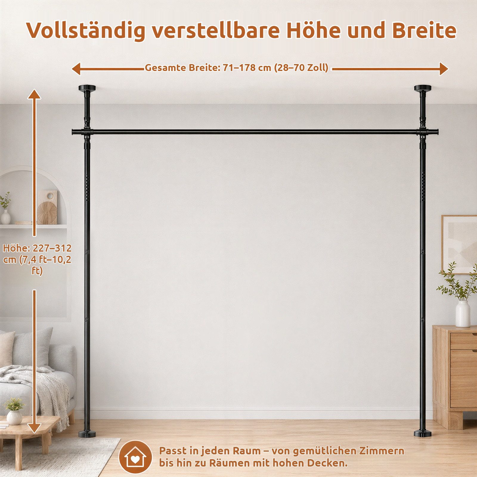 BlingBin Raumteiler Bohrfreier Raumteiler Spannstange, verstellbares Raumtrenn‑Spannsystem, 2‑vertikal 1‑horizontal, mit Vorhang, Höhe 227‑312 cm, Breite 71‑178 – Bild 2 von 5
