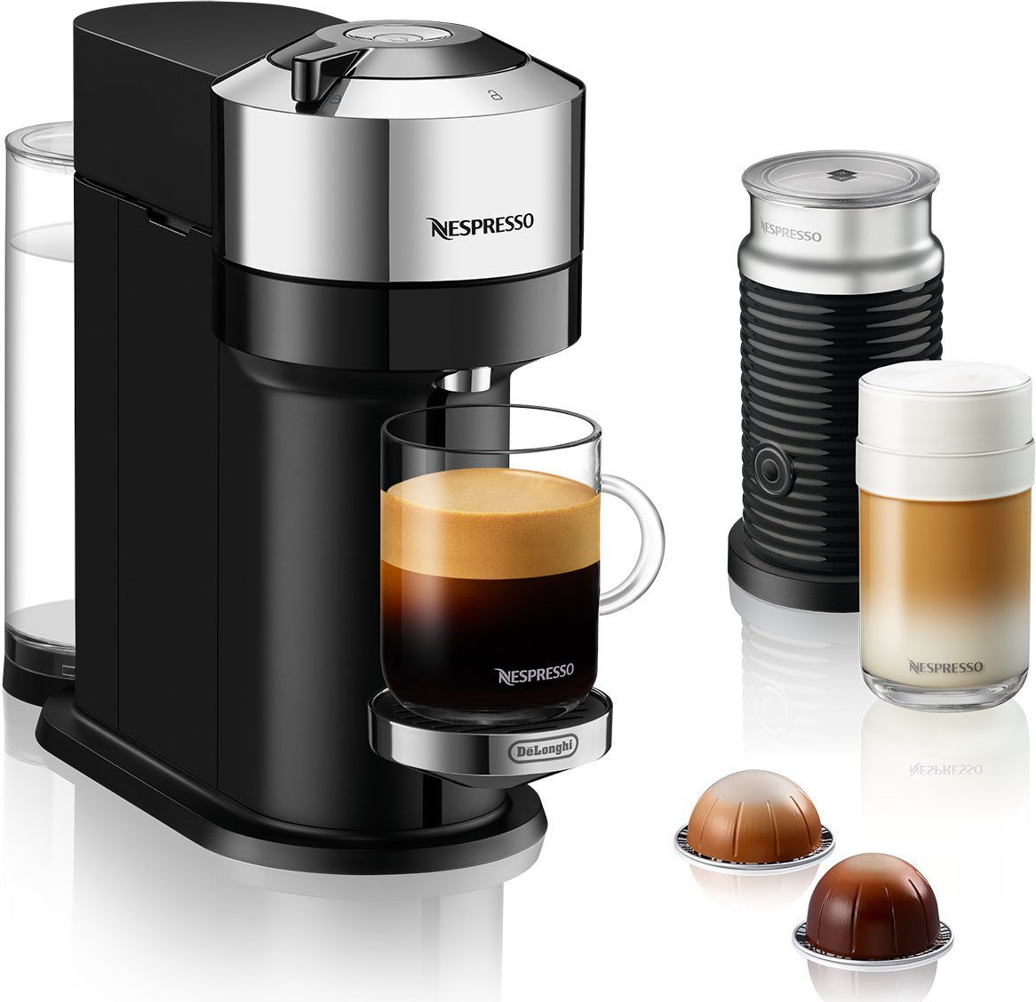 Nespresso Kapselmaschine Vertuo Next Bundle ENV 120.CAE von DeLonghi, inkl.  Aeroccino Milchaufschäumer, Willkommenspaket mit 12