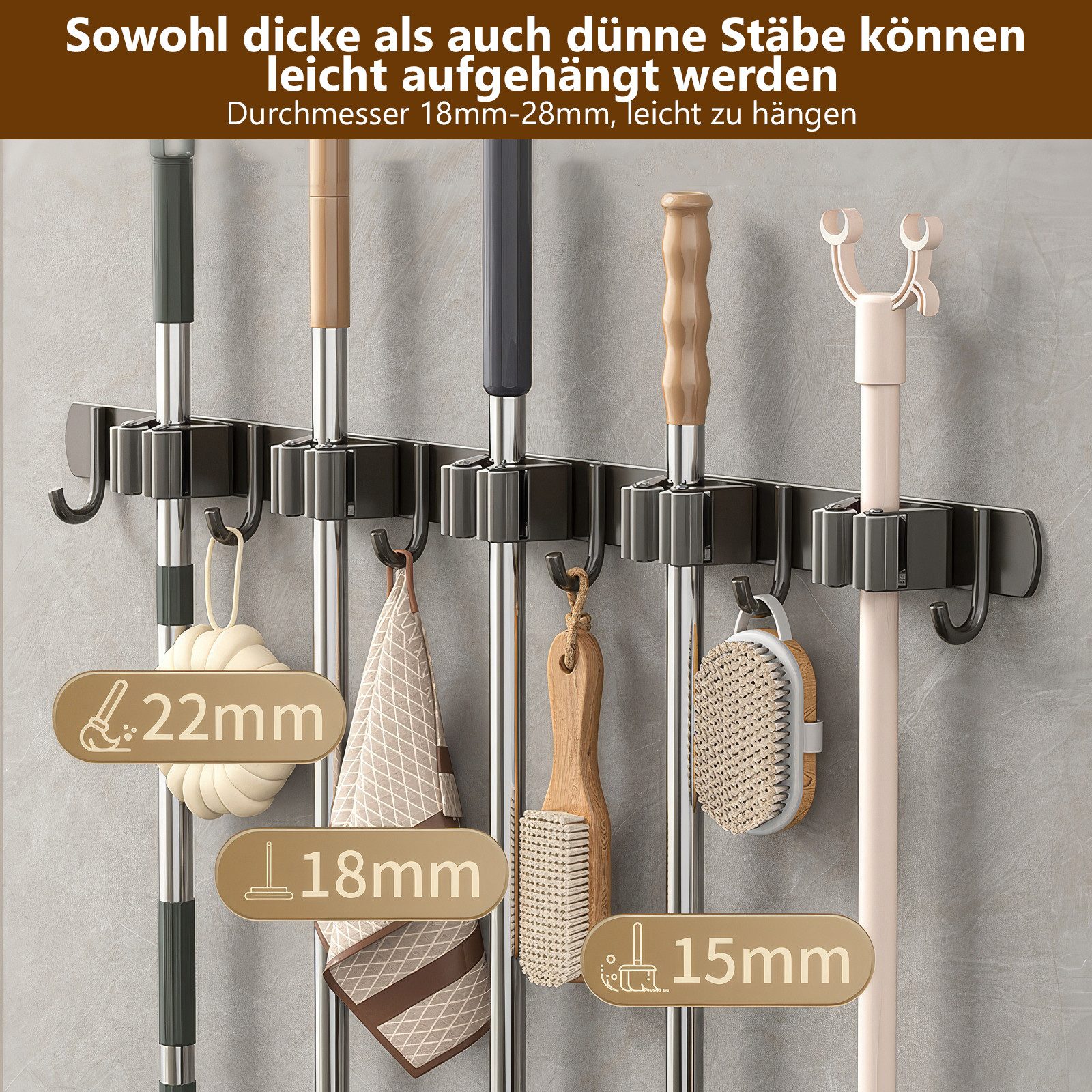 BlingBin Wandhaken Besenhalterung Wand Ohne Bohren, Besenhalter mit 5 Halter und 6 Haken, (1er Set, 1-St., mit 5 Halter und 6 Haken), Selbstklebend Edelstahl Organizer für Badezimmer, Garage, Garten