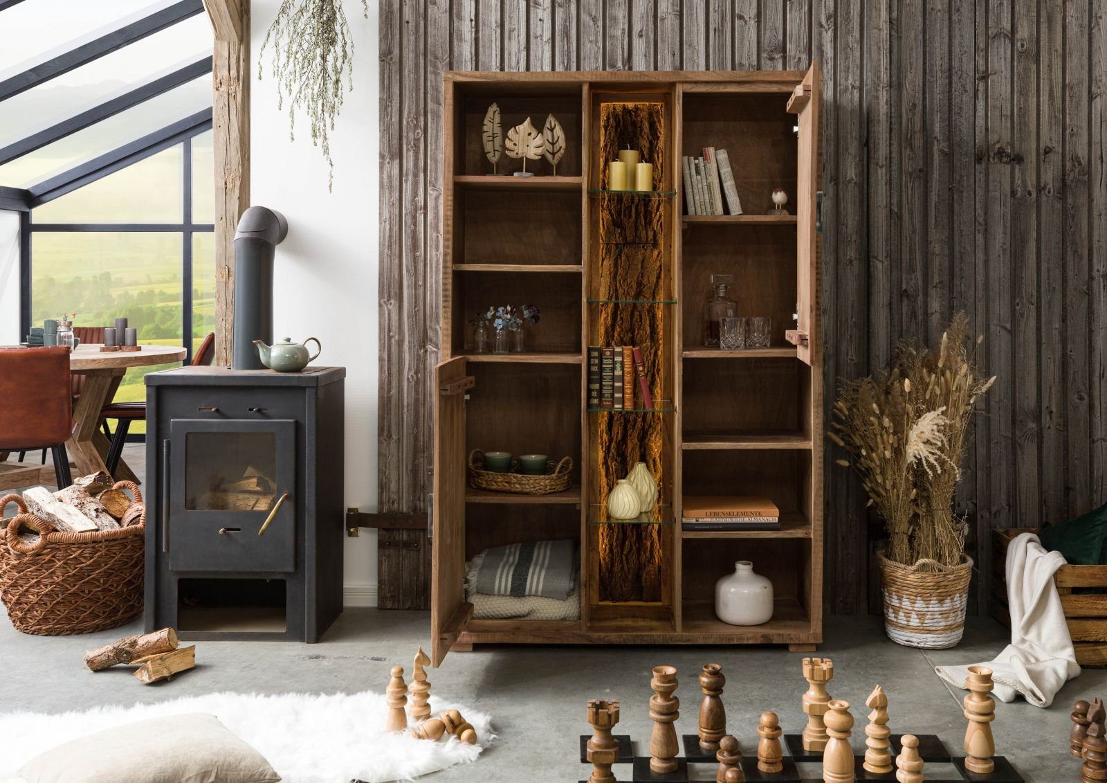 Massivmoebel24 Dreh-/Schwebetürenschrank BARK (Schrank Akazie 118x40x180 natur lackiert BARK #101) Schrank Akazie 118x40x180 natur lackiert BARK #101