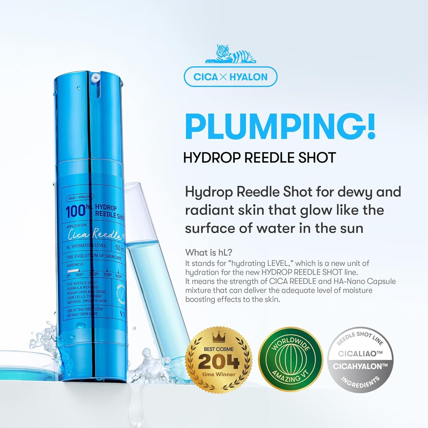 VT Cosmetics Gesichtsserum Hydrop Reedle Shot 100hL – K-Beauty Mikronadel-Serum mit Hyaluronsäure & Cica für intensive Feuchtigkeit, verbesserte Wirkstoffaufnahme, & glatteres Hautbild, 50ml