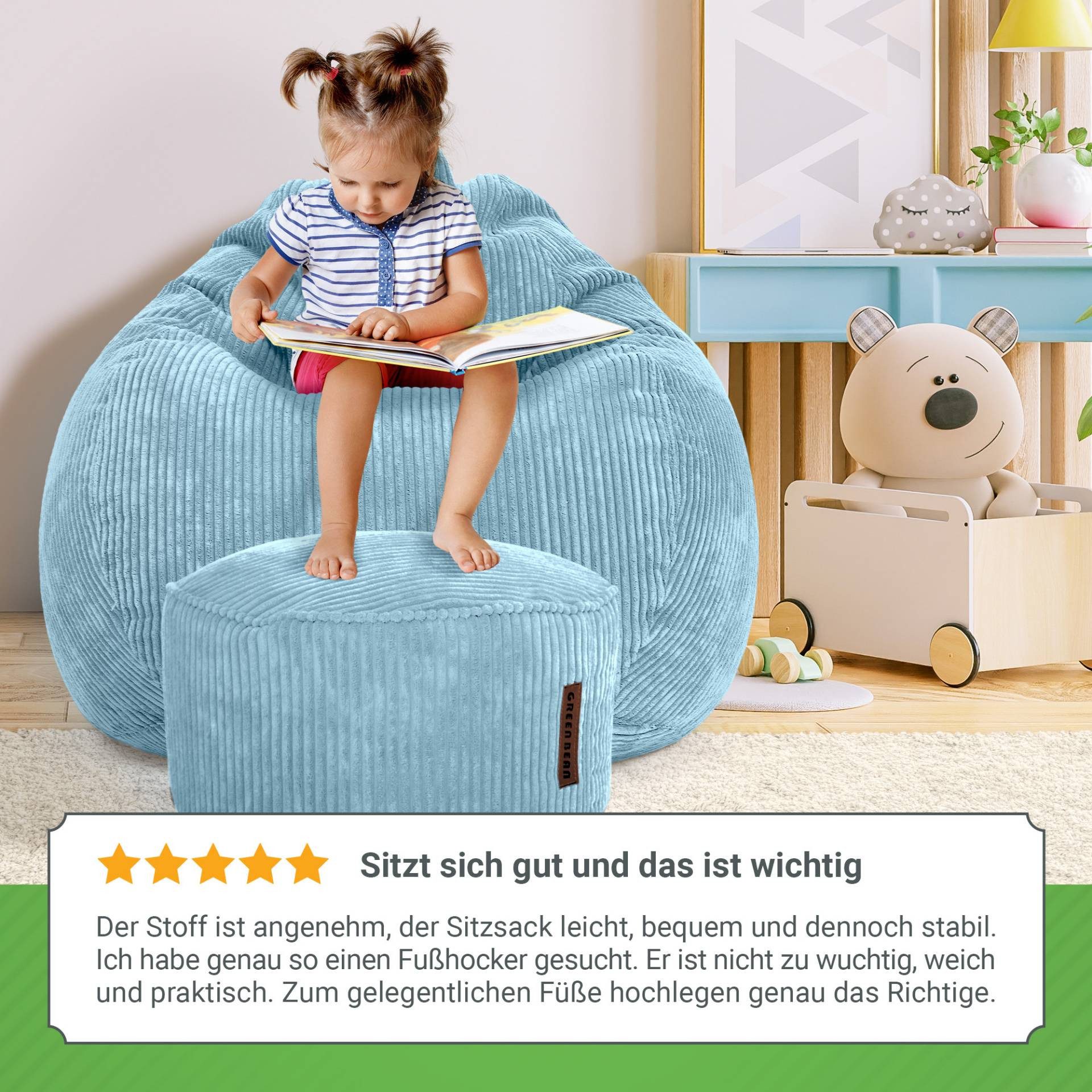 Green Bean Sitzsack XXL Sitzsack Scoop + Hocker aus Cord, Indoor Sitzkissen mit Sitzhocker, Relax Sessel – Bild 4 von 5