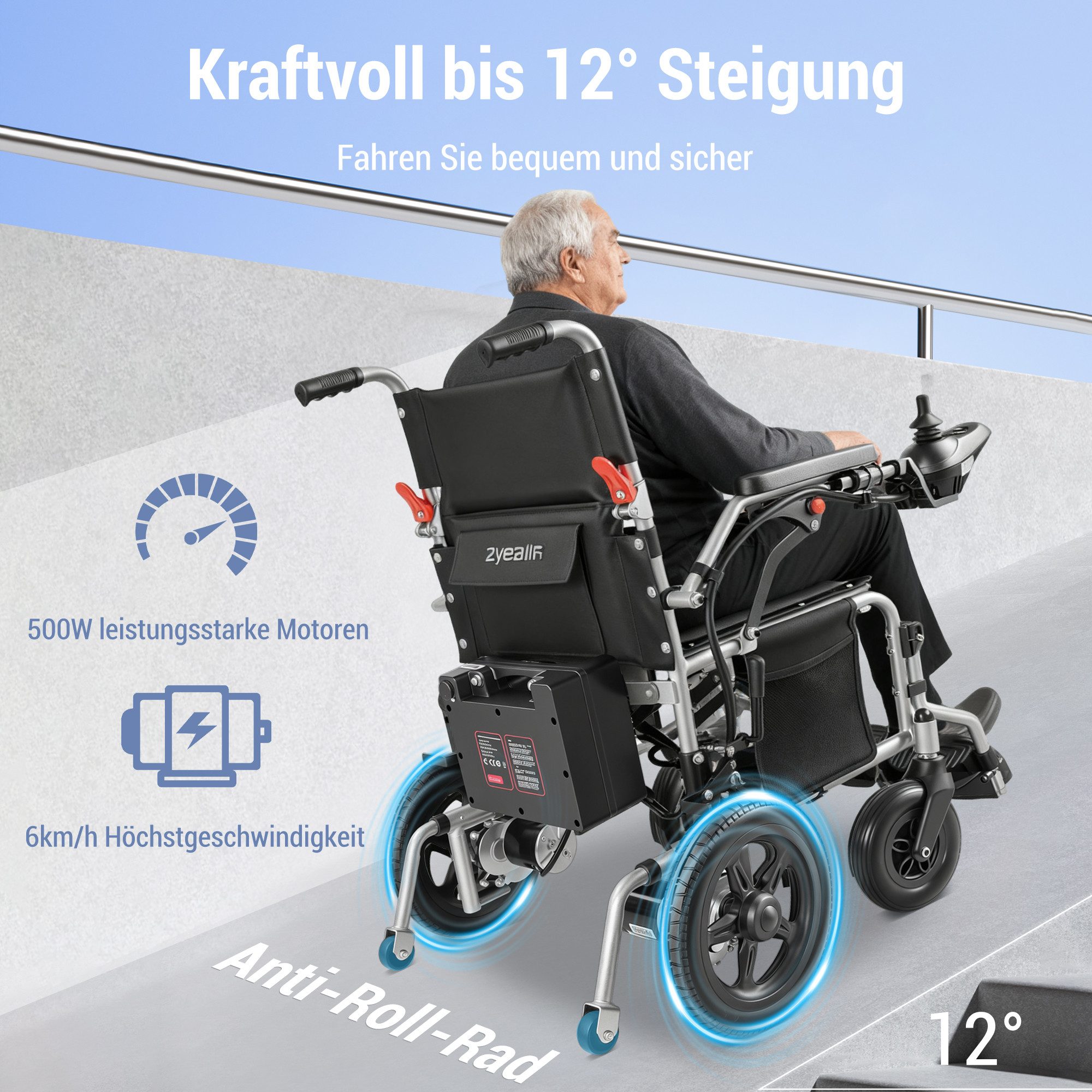Vankel Elektrorollstuhl Elektrisch Faltbar Leicht bis 150KG, Faltbar, 25 km, seniorenmobil, 2x250W, 6,00 km/h E-Rollstuhl