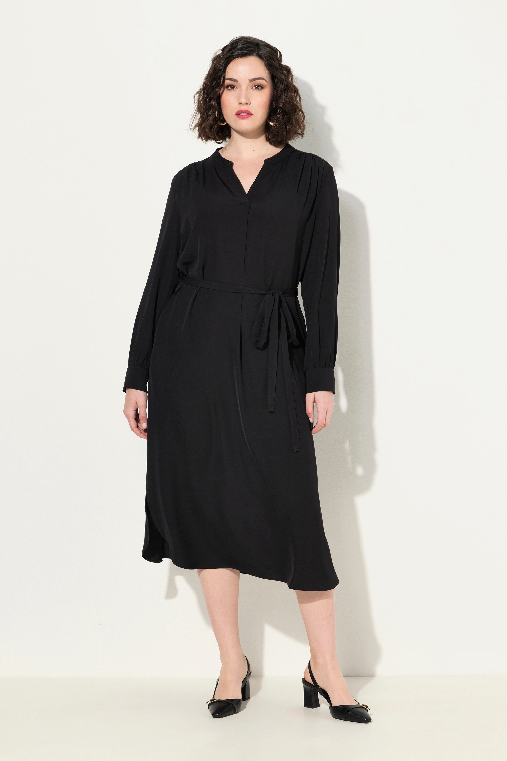 Ulla Popken Midikleid Midikleid V-Ausschnitt Bindegürtel Langarm Taschen günstig online kaufen