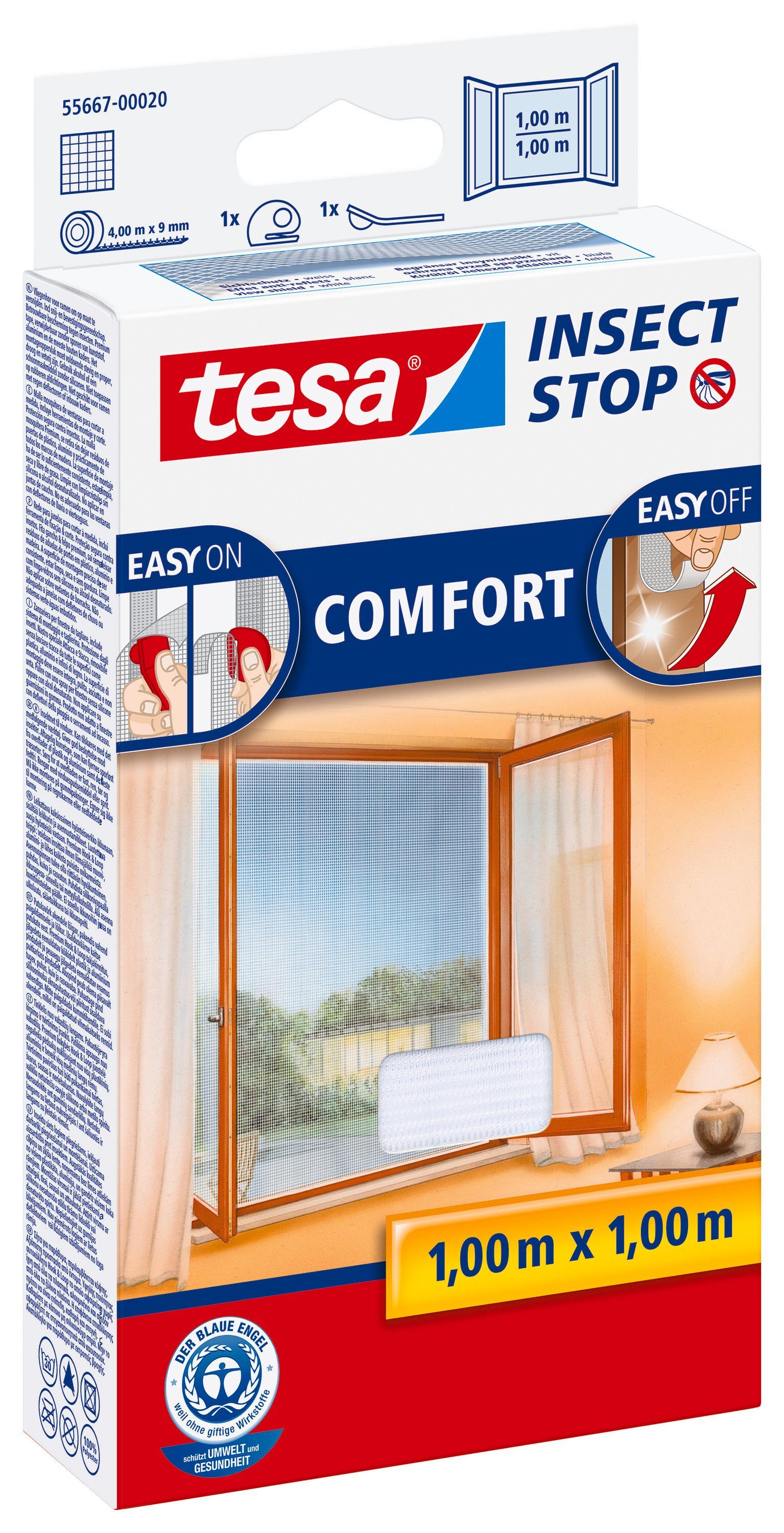 tesa Fliegengitter-Gewebe Insect Stop Comfort Fliegengitter für Fenster, (Packung, 1-St., Fliegennetz, Klettband, Andrück und Schneidehilfe), individuell zuschneidbar - Insektenschutz ohne Bohren - weiß