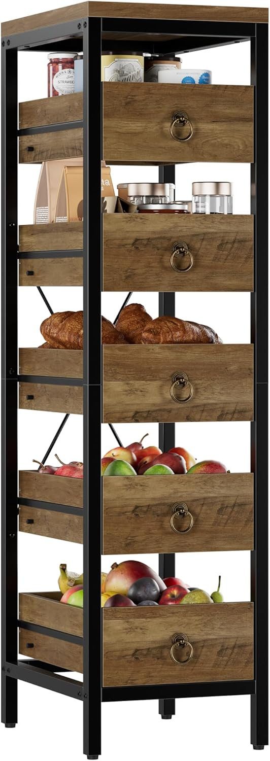 GarveeMore Küchenregal 5-stöckiges mit 5 ausziehbaren Schubladen für Obst und Gemüse, praktisches Regal für Küche, Wohnzimmer, Badezimmer und Supermarkt