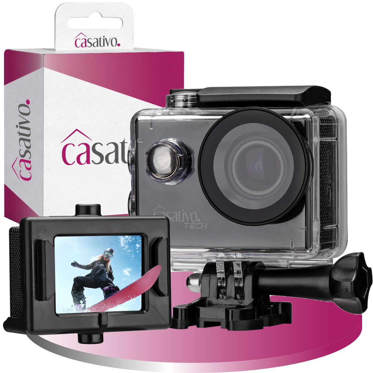 Casativo 4K Action Cam mit Ultra HD LCD Display WLAN 170° Weitwinkelobjektiv Action Cam (WLAN, MicroSD, Micro-USB, Micro-HDMI, 30 m wasserdicht, 2", 50 min Full HD, Webcam-Funktion)