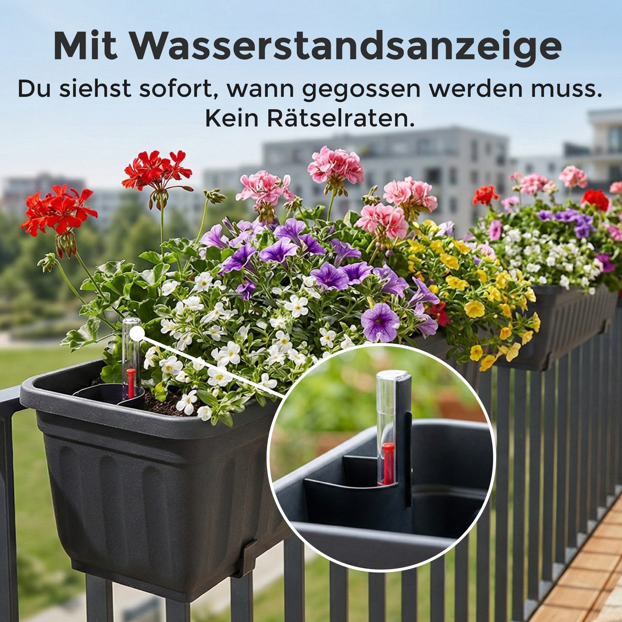 Hausfelder Blumenkasten Balkonkasten mit Wasserstandsanzeiger, Pflanzkasten 2er Set, 60cm (2er Set, 2 St., Jedes Set enthält: Füllstandsanzeiger, Boden, Pflanzkasten), Blumenkästen UV- und witterungsbeständig für innen und außen, matt