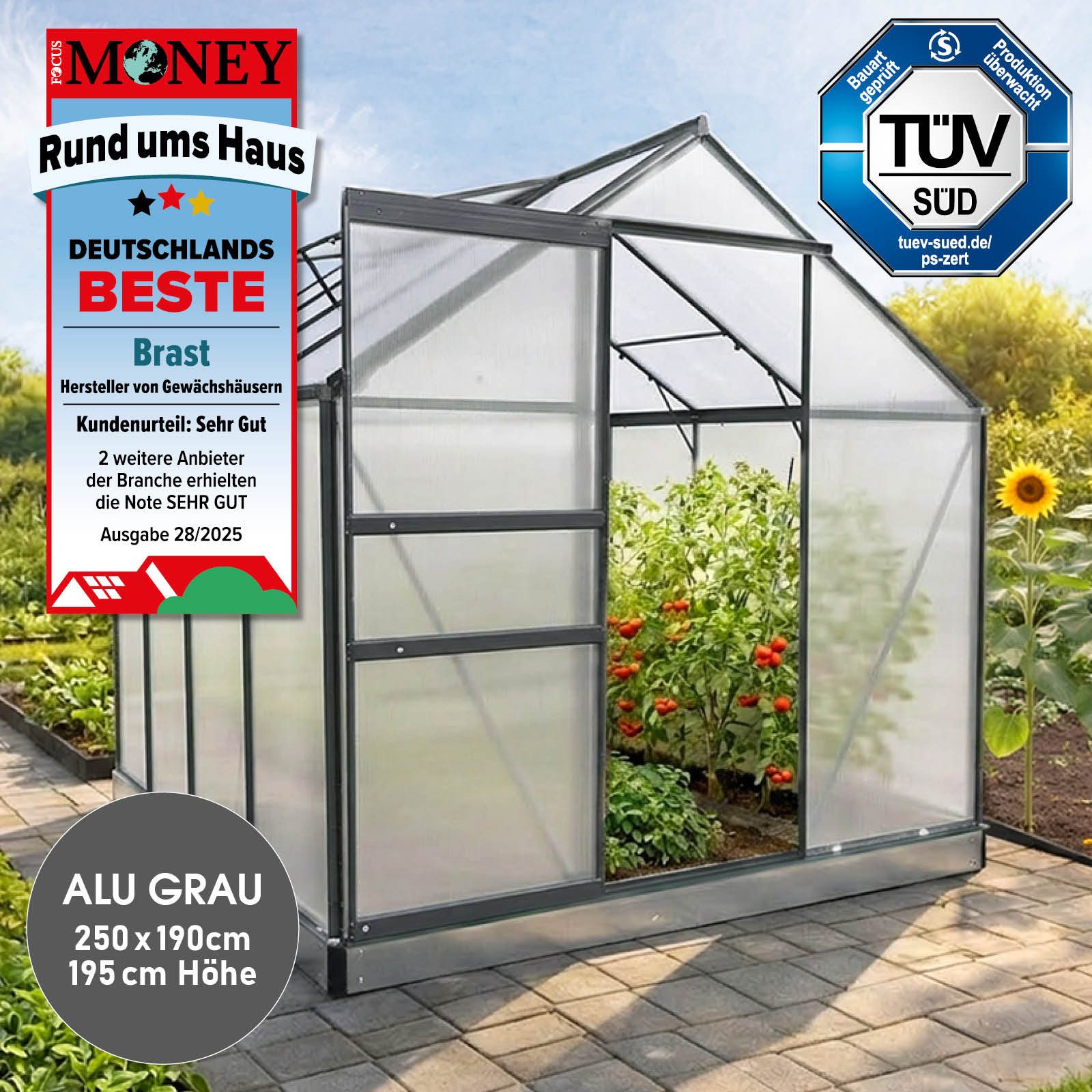 BRAST Gewächshaus ALU mit Fundament rostfrei 250x190x195cm TÜV geprüft, BxTxH: 190 x 250 x 195 cm, wetterfestes hochwertiges Aluminium, Temperaturbeständig, Wärmedämmend, Lichtbrechend & UV-stabilisiert