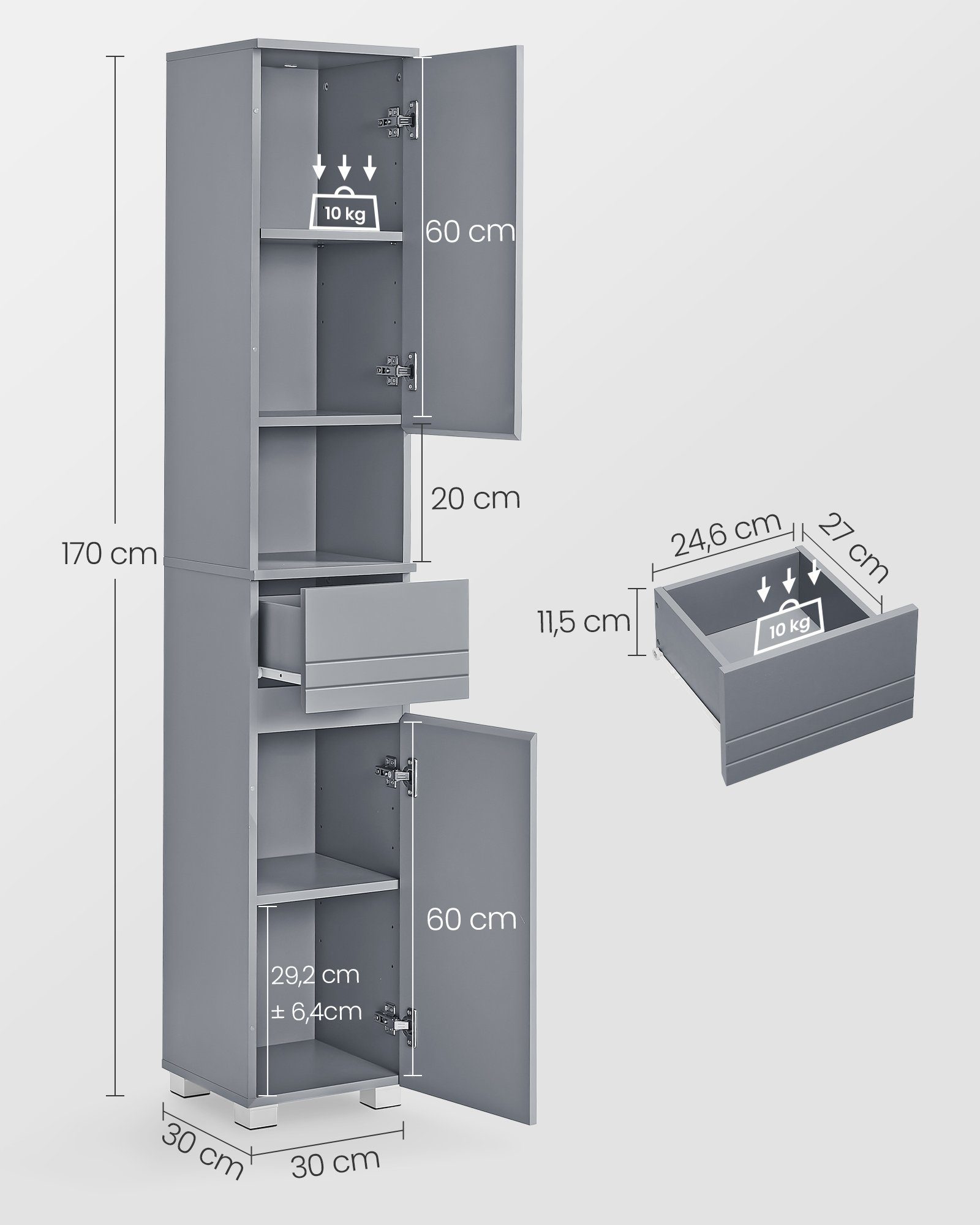 VASAGLE Badkommode Badezimmerschrank Badschrank verstellbare Ablagen, 30 x 30 x 170 cm, mit Einer Schublade, mystisches, Badezimmermöbel – Bild 5 von 5