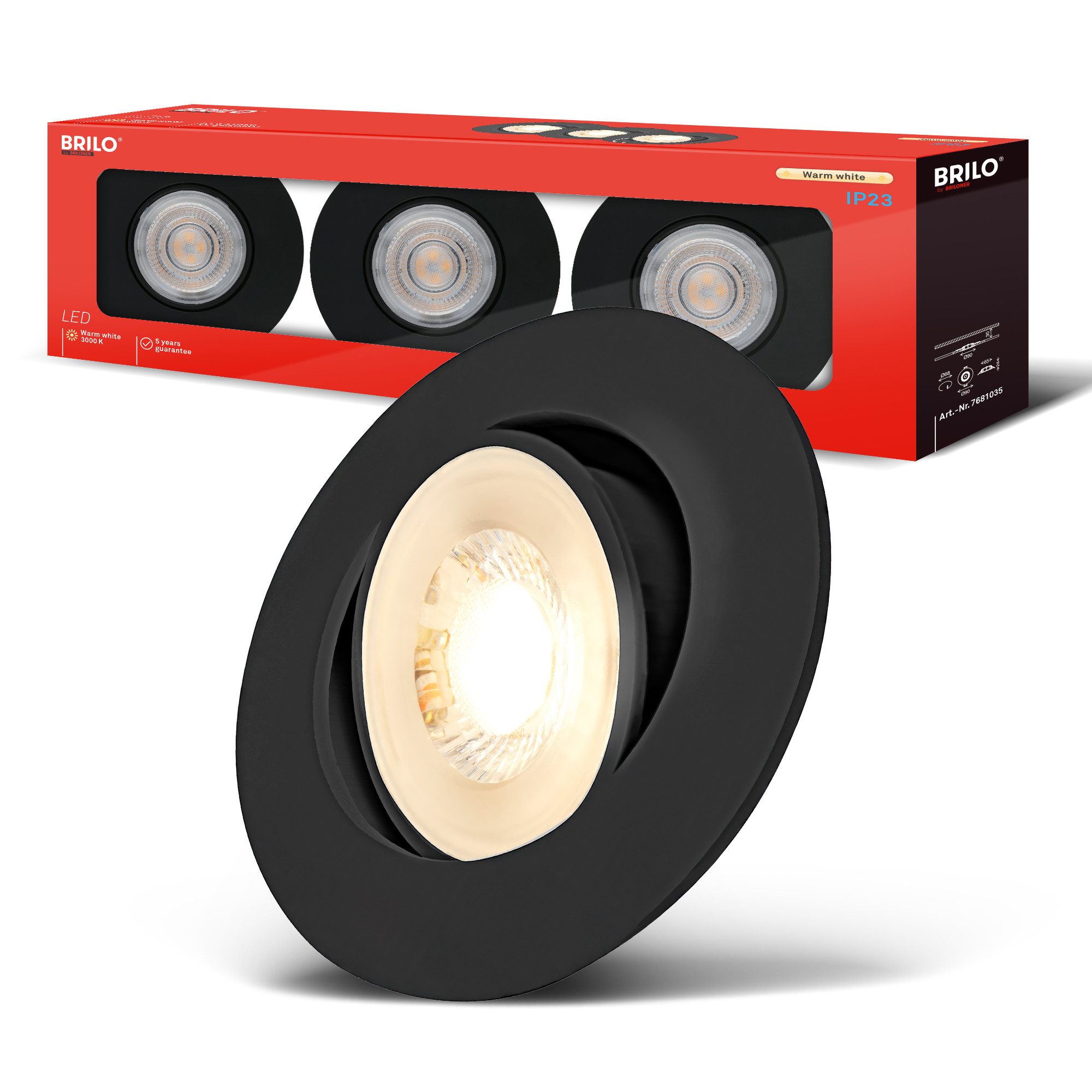 Briloner Leuchten LED Einbauleuchte Einbaustrahler 3er Set Dimmbar Schwenkbar, Standard, LED fest integriert, Warmweiß, 90x24 mm, Wohnzimmer, Flur