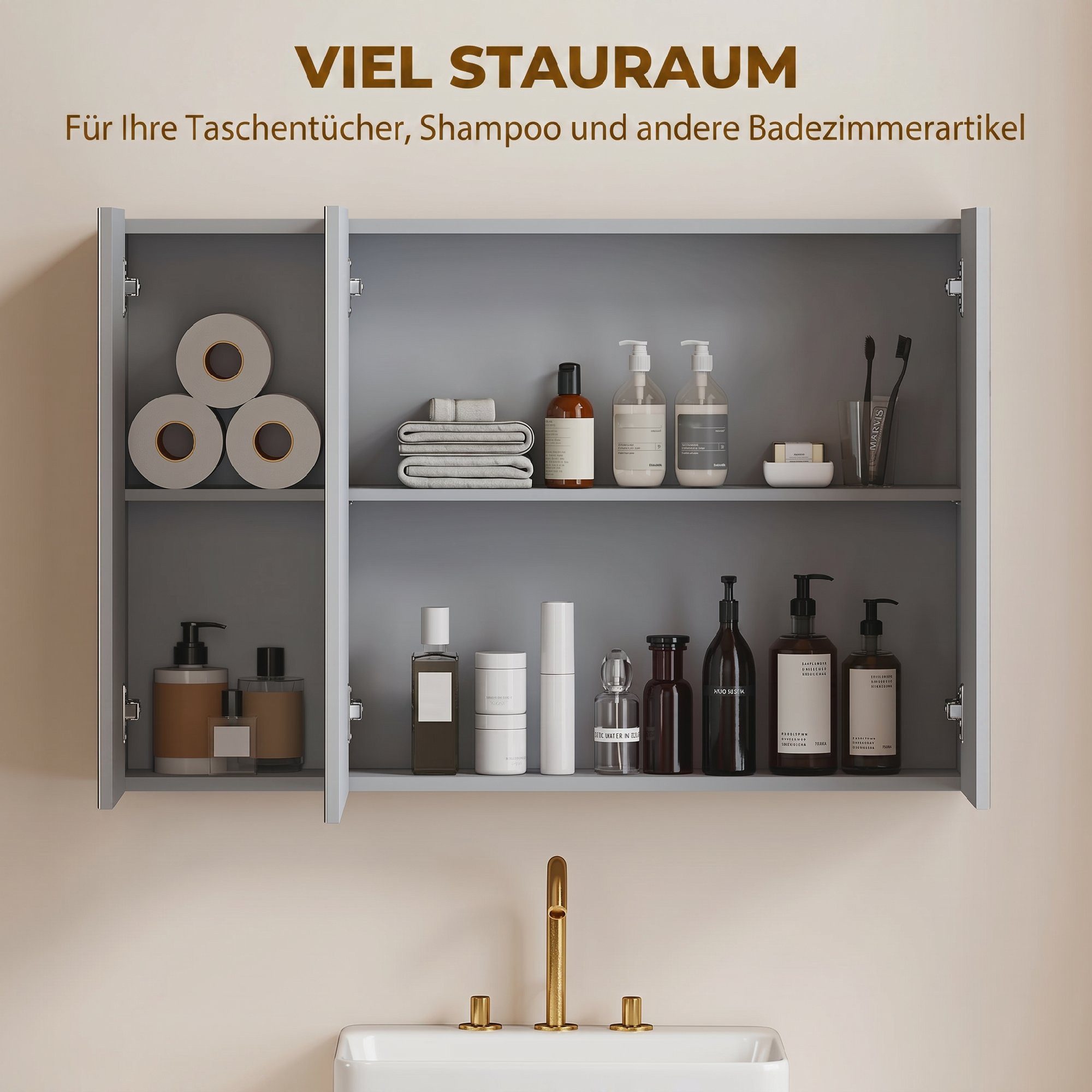 Kleankin Spiegelschrank Wandschrank Badschrank mit Verstellbaren Regalen (Set, 1-St., 1er Set) Badezimmer Spiegelschrank mit drei Türen – Bild 5 von 5
