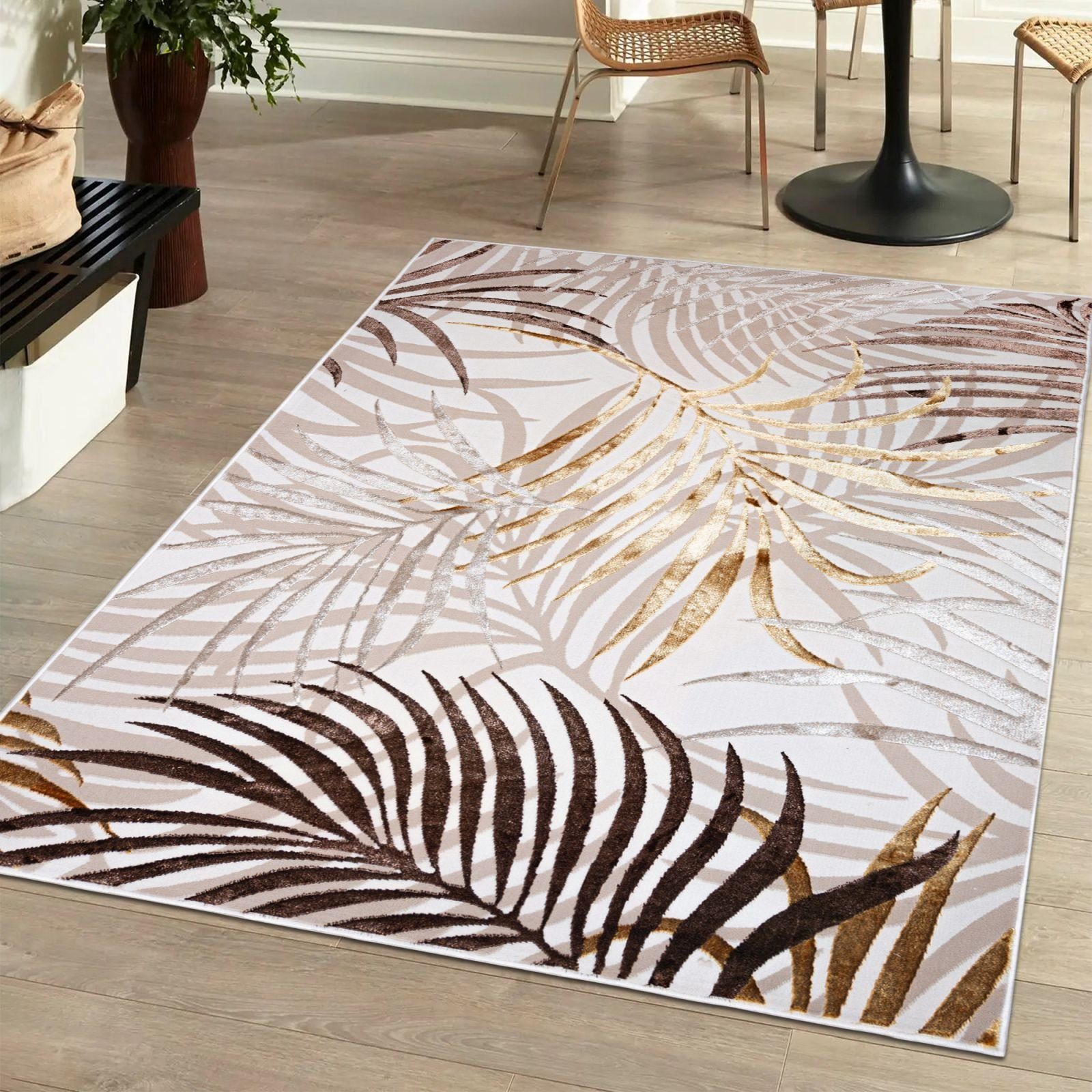 Designteppich Modern Teppich für Wohnzimmer- Beige Creme mit Gold, Mazovia, 80 x 150 cm, Glänzende, Palmenzweige Feder, Modern, Höhe 10 mm, Kurzflor - niedrige Florhöhe, Weich, Pflegeleicht