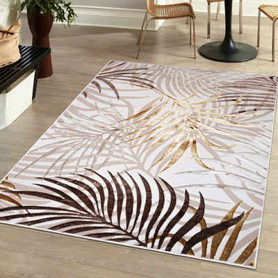 Designteppich Modern Teppich für Wohnzimmer- Beige Creme mit Gold, Mazovia, 200 x 300 cm, Glänzende, Palmenzweige Feder, Modern, Höhe 10 mm, Kurzflor - niedrige Florhöhe, Weich, Pflegeleicht