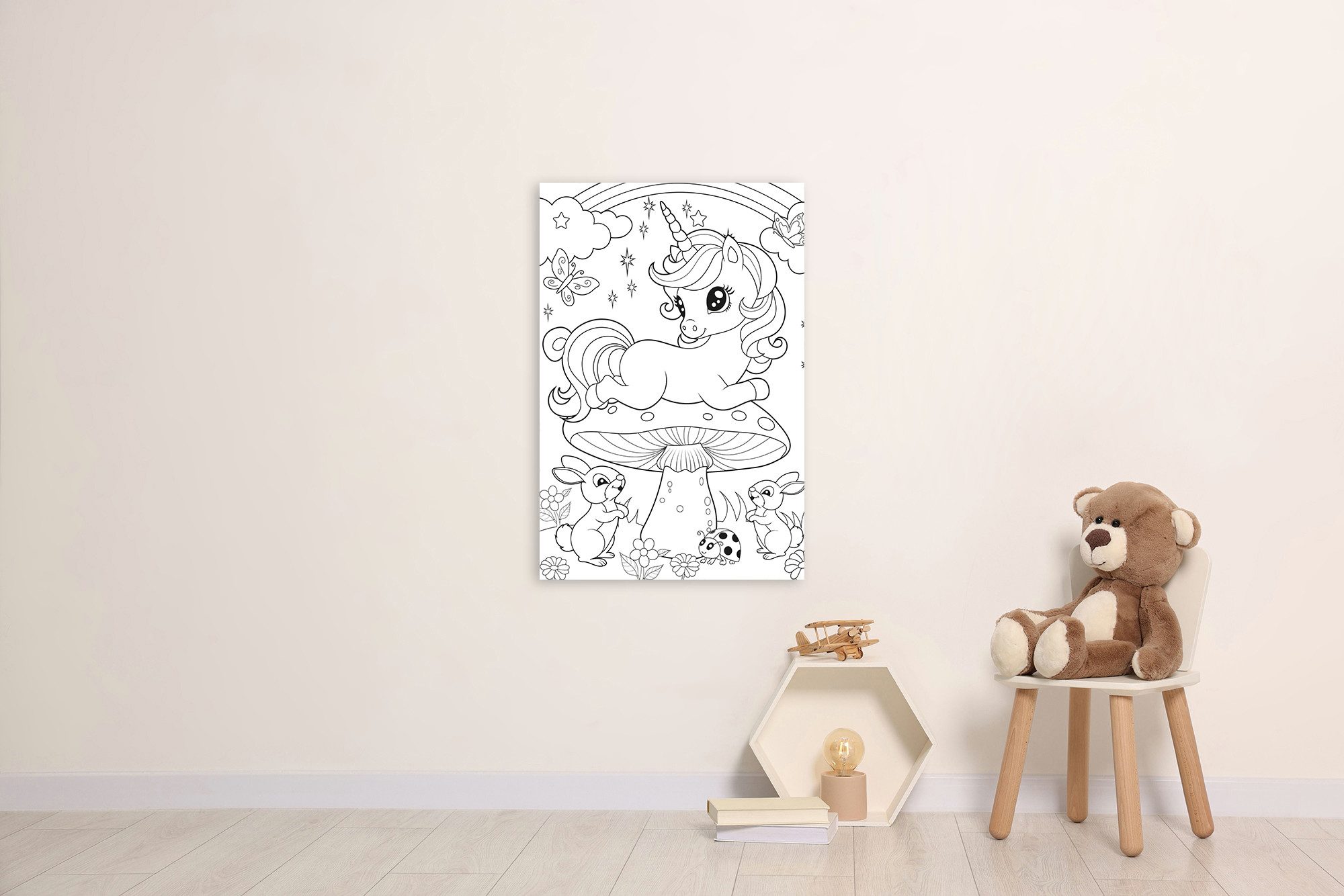 queence Bild Einhorn auf Fliegenpilz, Blätter, Blätterbilder, Einhorn, Figuren, Mädchen, Märchen, Märchenbilder, Regenbogen, Schmetterlinge, klassische Fantasie (1 St), DIY Wandbild aus Dibond