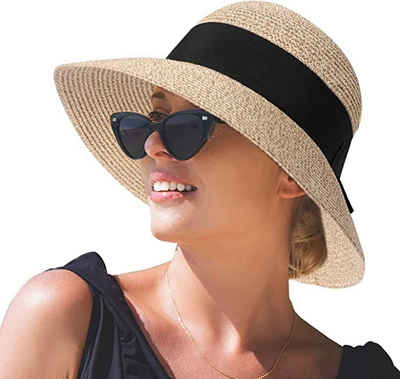autolock Strohhut Strohhut für Damen Strandhut UPF 50+ Faltbarer Sonnenhut Outdoor
