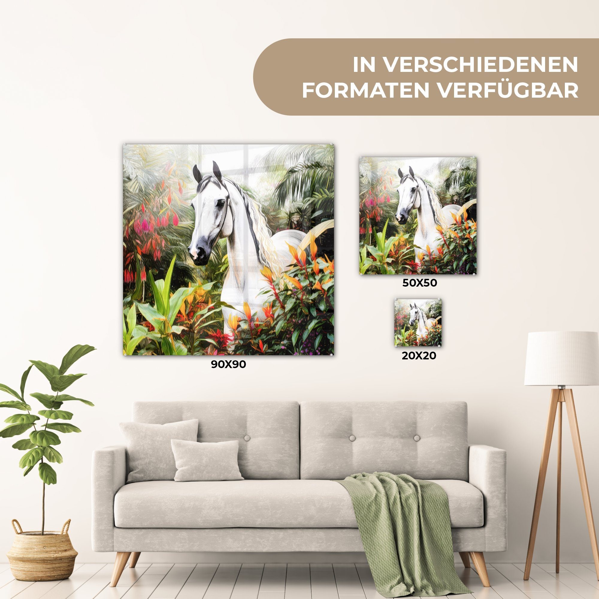MuchoWow Acrylglasbild Pferd - Weiß Foto Pflanzen, Bilder Wald Wandbild Glas - auf - Wanddekoration - Blumen - (1 auf Glas - Glasbilder - St)