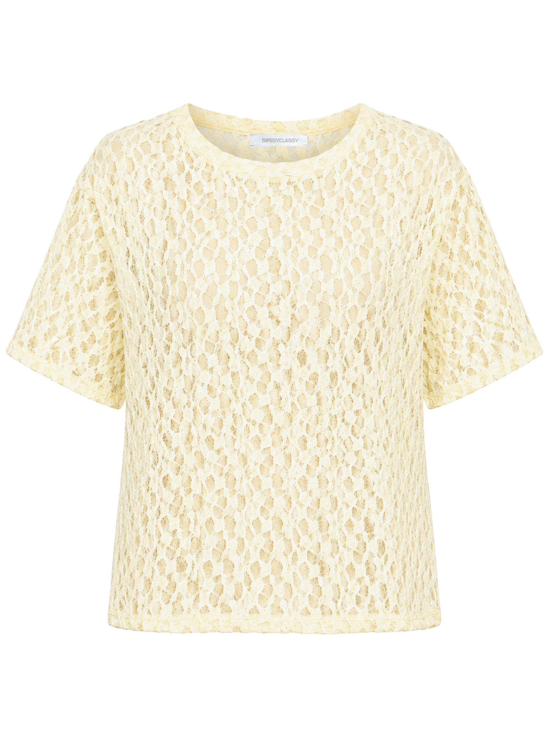 SASSYCLASSY T-Shirt Oversize T-Shirt aus Spitze für Damen Modernes Shirt in transparenter Optik mit Rundhals Weiß Taupe Gelb