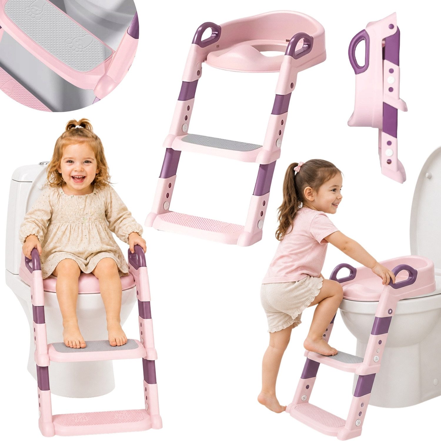 Hard-er Baby-Toilettensitz Kinder-WC-Sitz Rosa mit Stufenleiter klappbar für 1–5 Jahre, 59 cm, mit Rückenstütze und rutschhemmenden Stufen für sicheren Halt