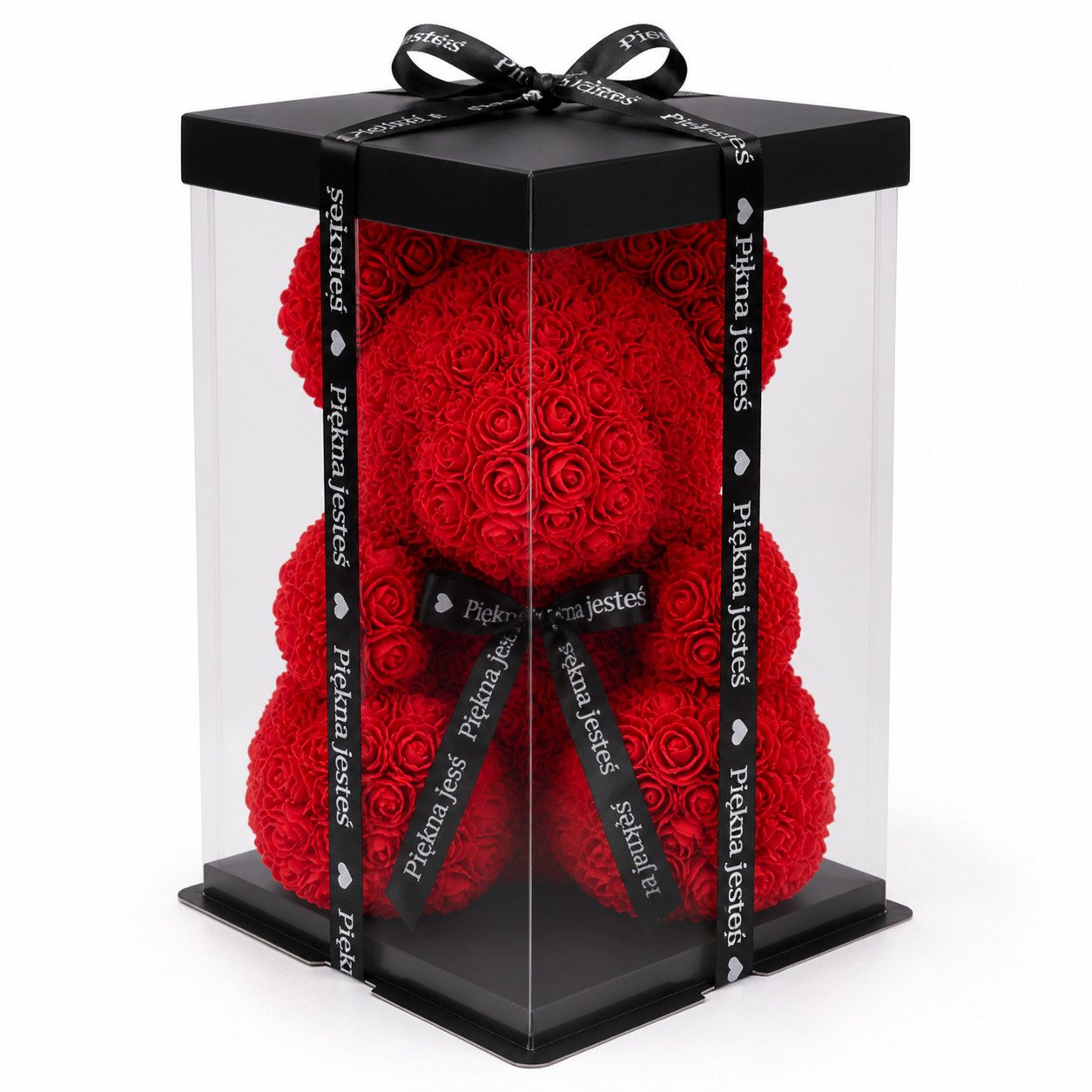 AMORE MIO Dekoobjekt Rosenbär XXL 40 cm Teddy aus Rosen Geschenkbox Valentinstag Deko (Geschenkset Rosenbär XXL Dekoration in transparenter Box mit Band, Rosenbär XXL 40cm in Geschenkbox mit Band dekoratives Deko Set), Rosenoptik XXL dekorativ Geschenkfer