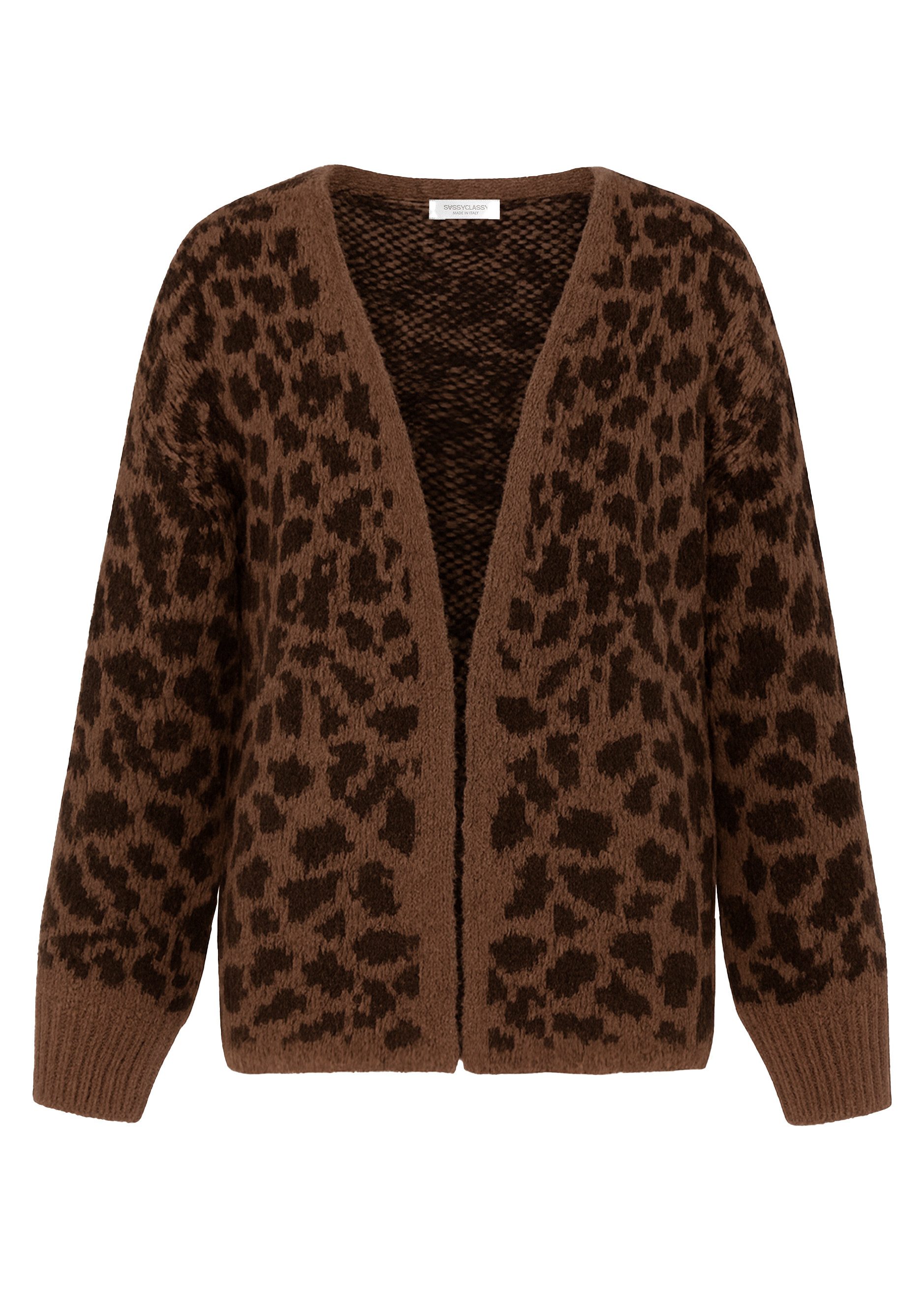 SASSYCLASSY Cardigan Cardigan Damen aus Grobstrick mit Lepardenmuster Oversized offen fallende Leo-Strickjacke Pink Orange Gelb Burgundy