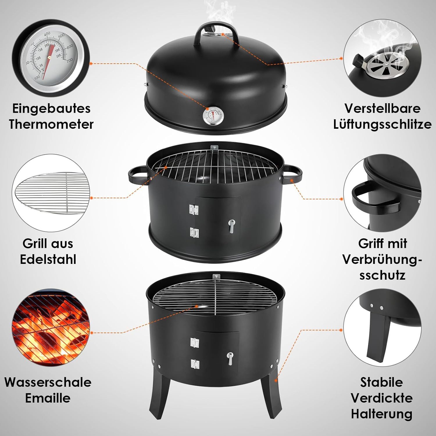 TLGREEN Smoker Räucherofen, 3 in 1 Smoker Grill, Holzkohlegrill, Räuchertonne Räuchergrill Watersmoker, Ø44,5x80 cm