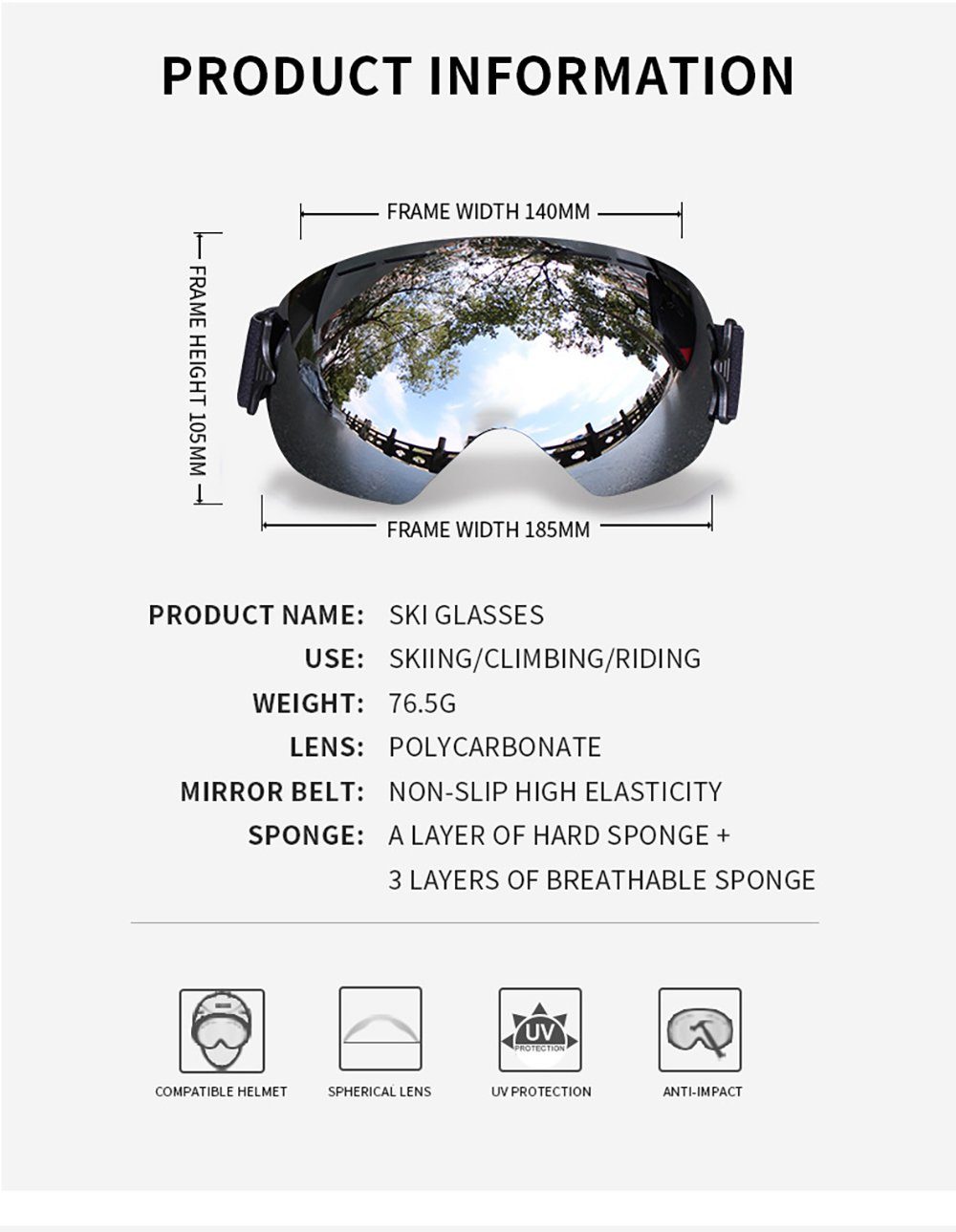 PACIEA Skibrille Ultraleichter großer kugelförmiger schwarz Einschicht-Antibeschlag